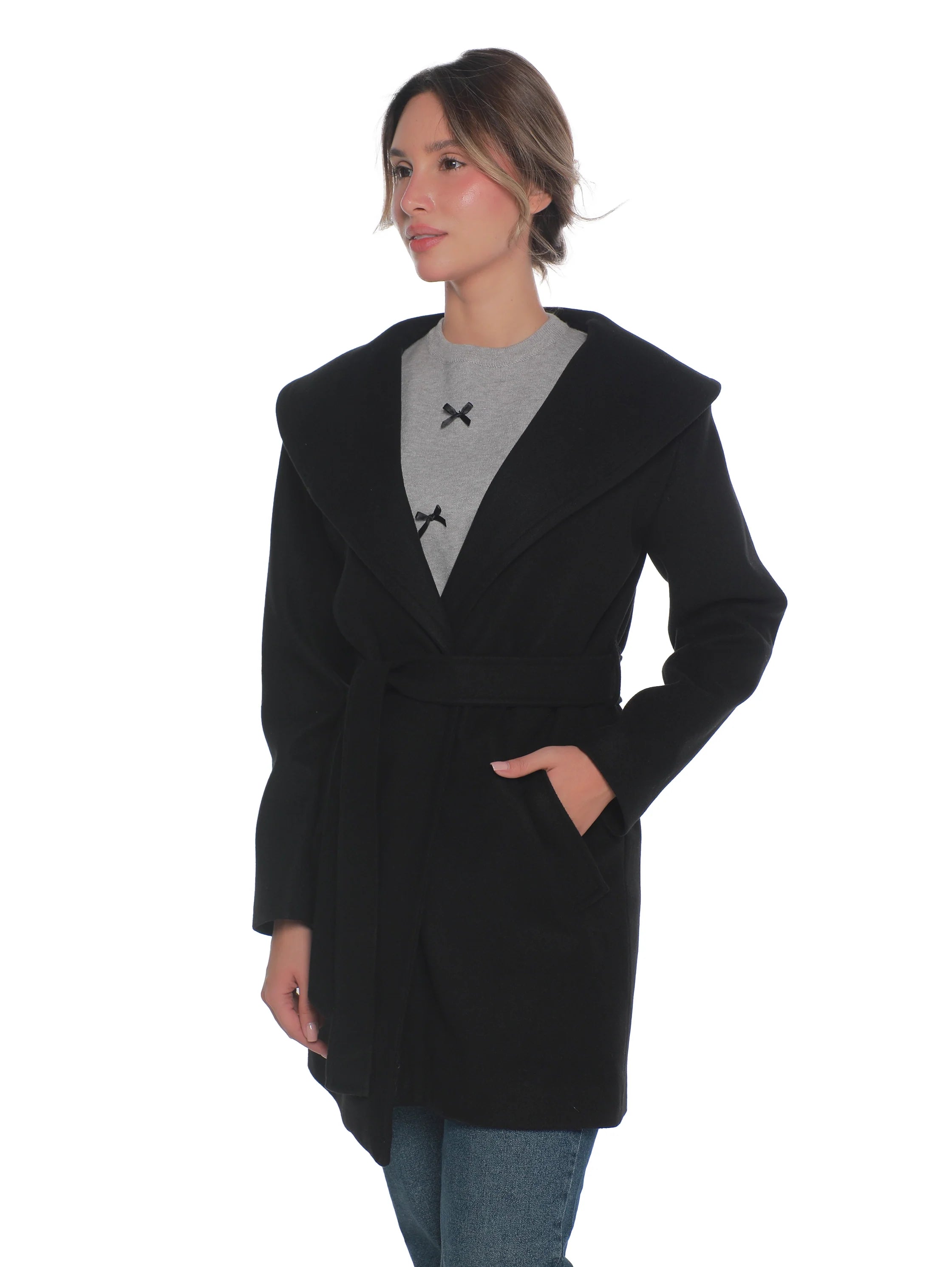 Black Warm Belted Coat With Open Collar