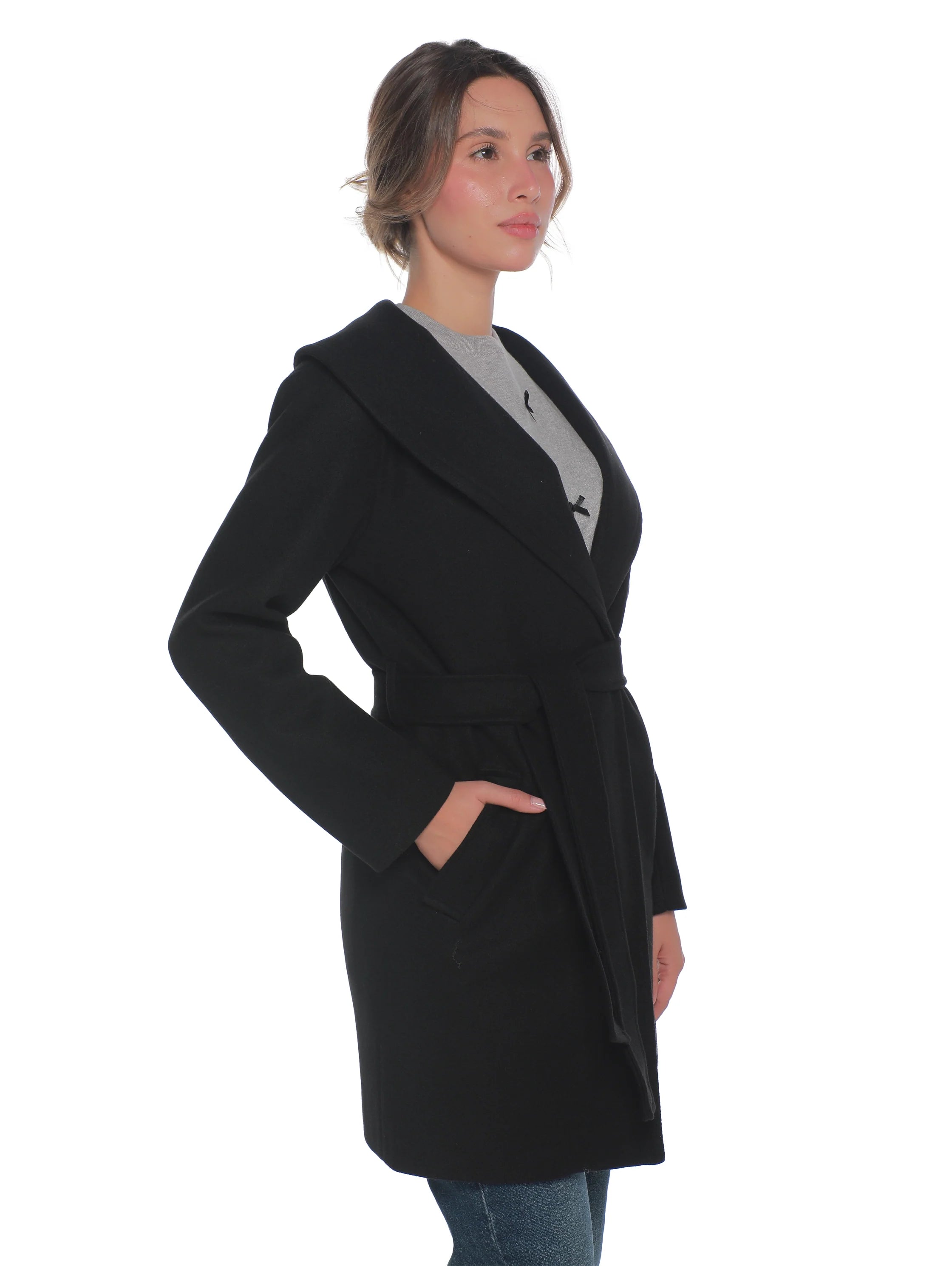 Black Warm Belted Coat With Open Collar