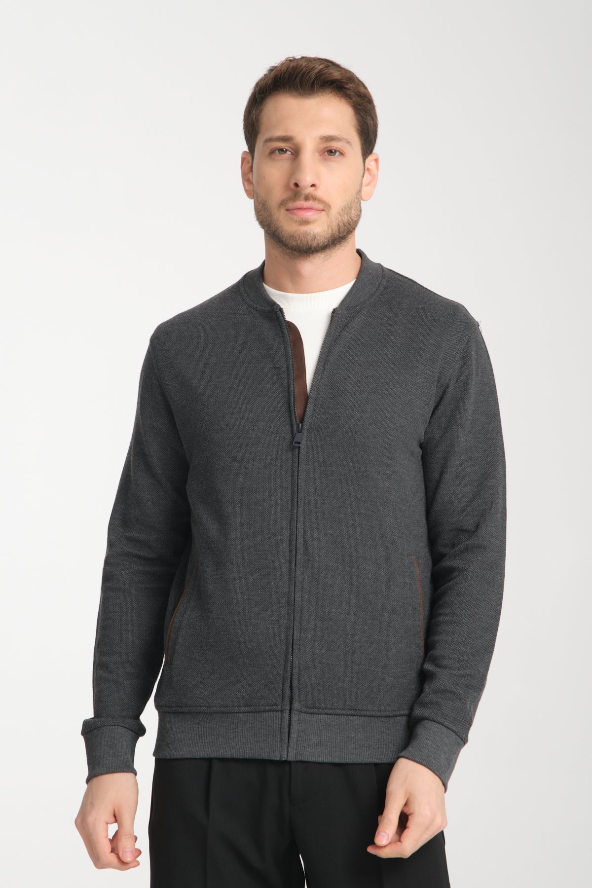 Casual Antra Heathered Zip Up Sweater Jacket With Side Pockets