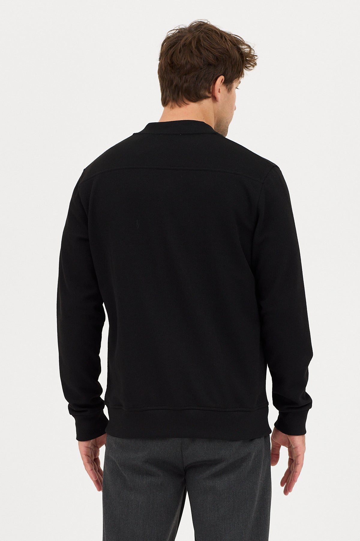 Casual Black Heathered Zip Up Sweater Jacket With Side Pockets