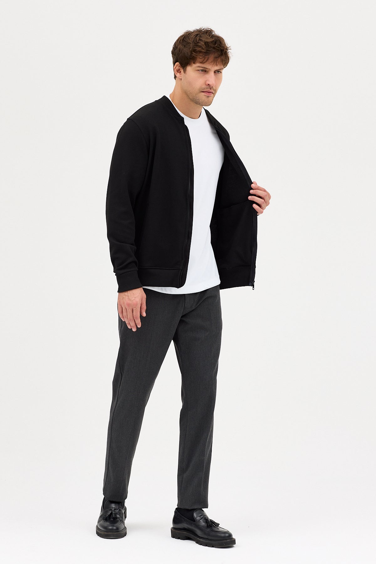 Casual Black Heathered Zip Up Sweater Jacket With Side Pockets