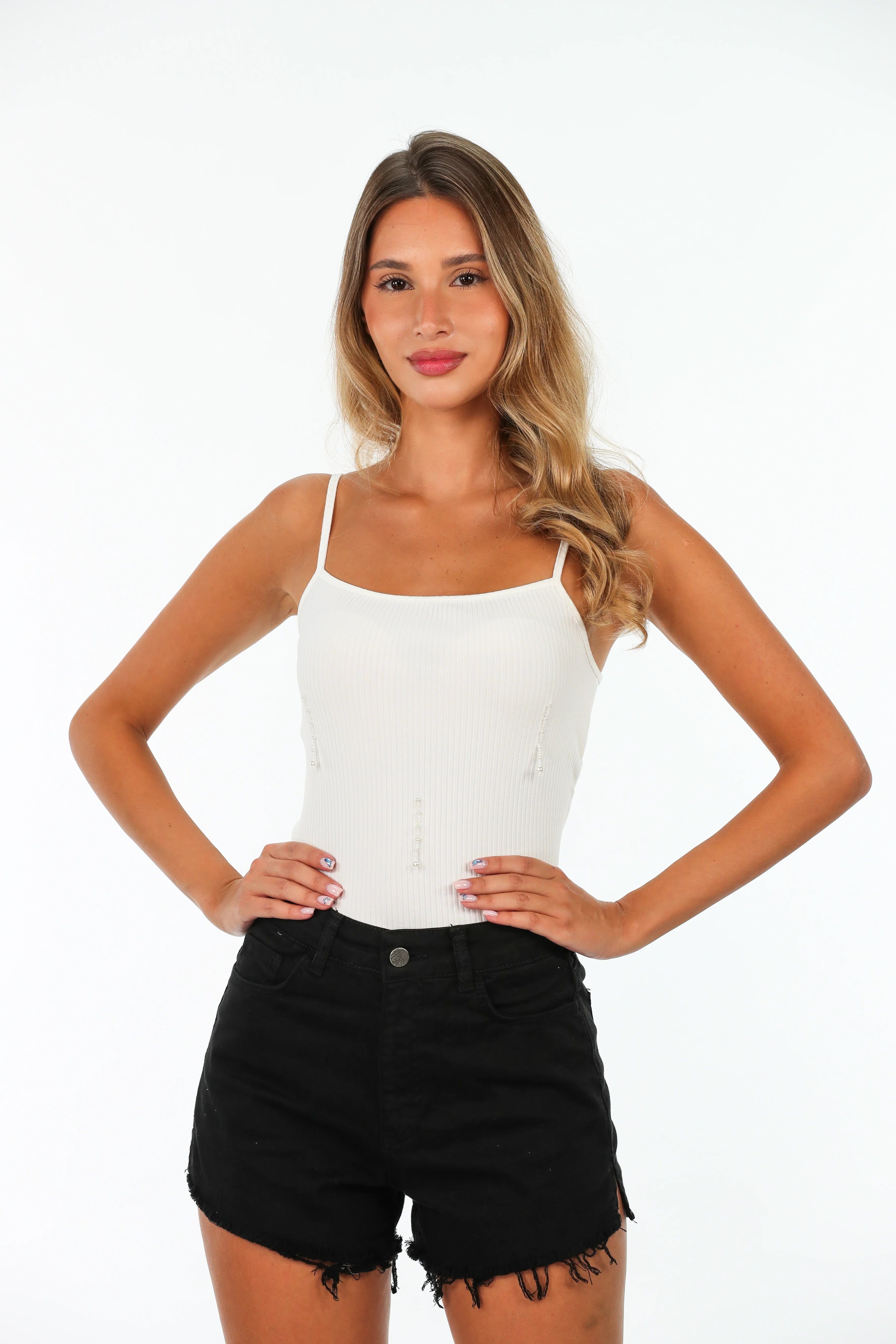 White Ribbed Top With Beads Design