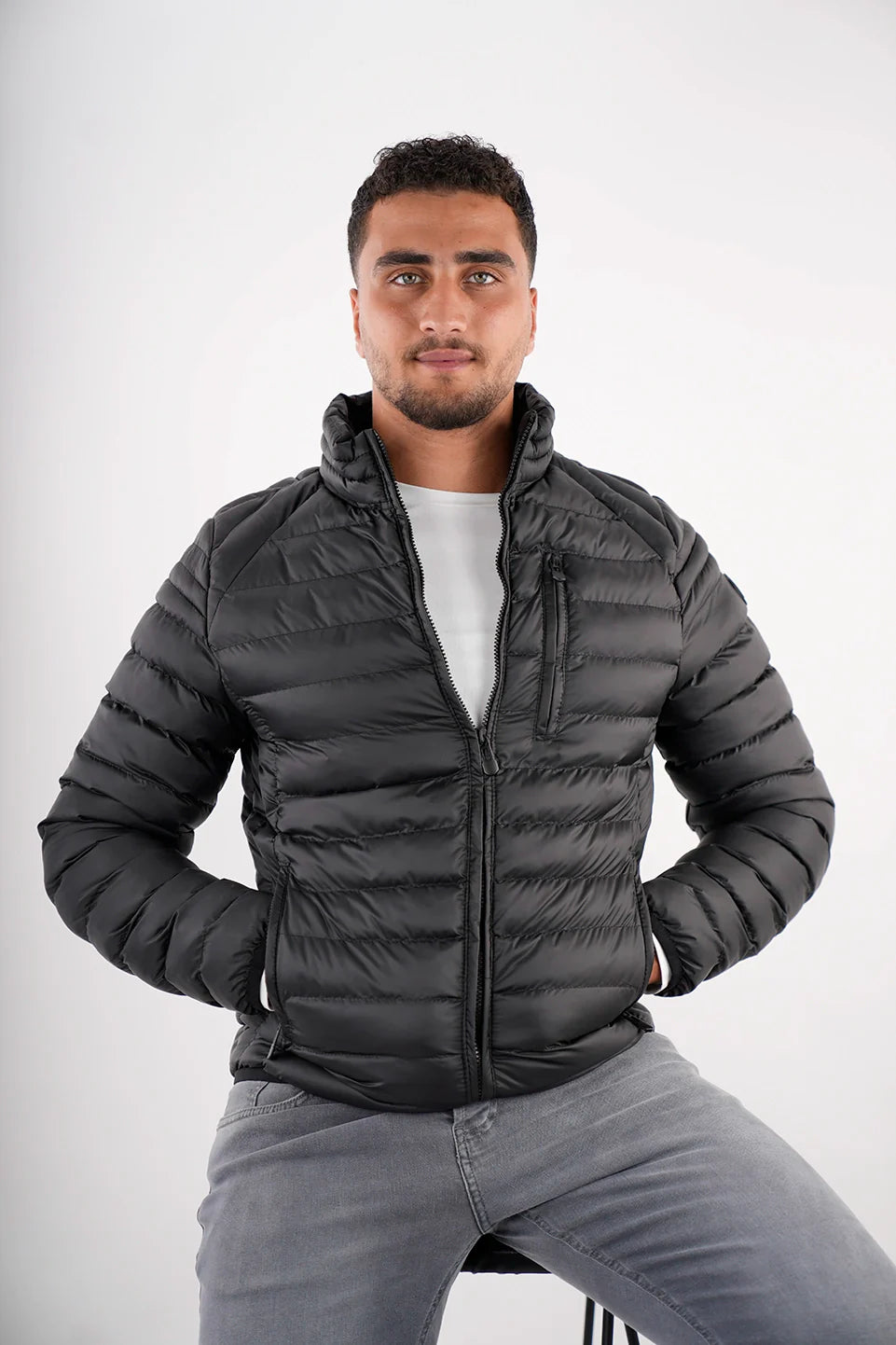 Black Puffer Jacket With Zipper Design