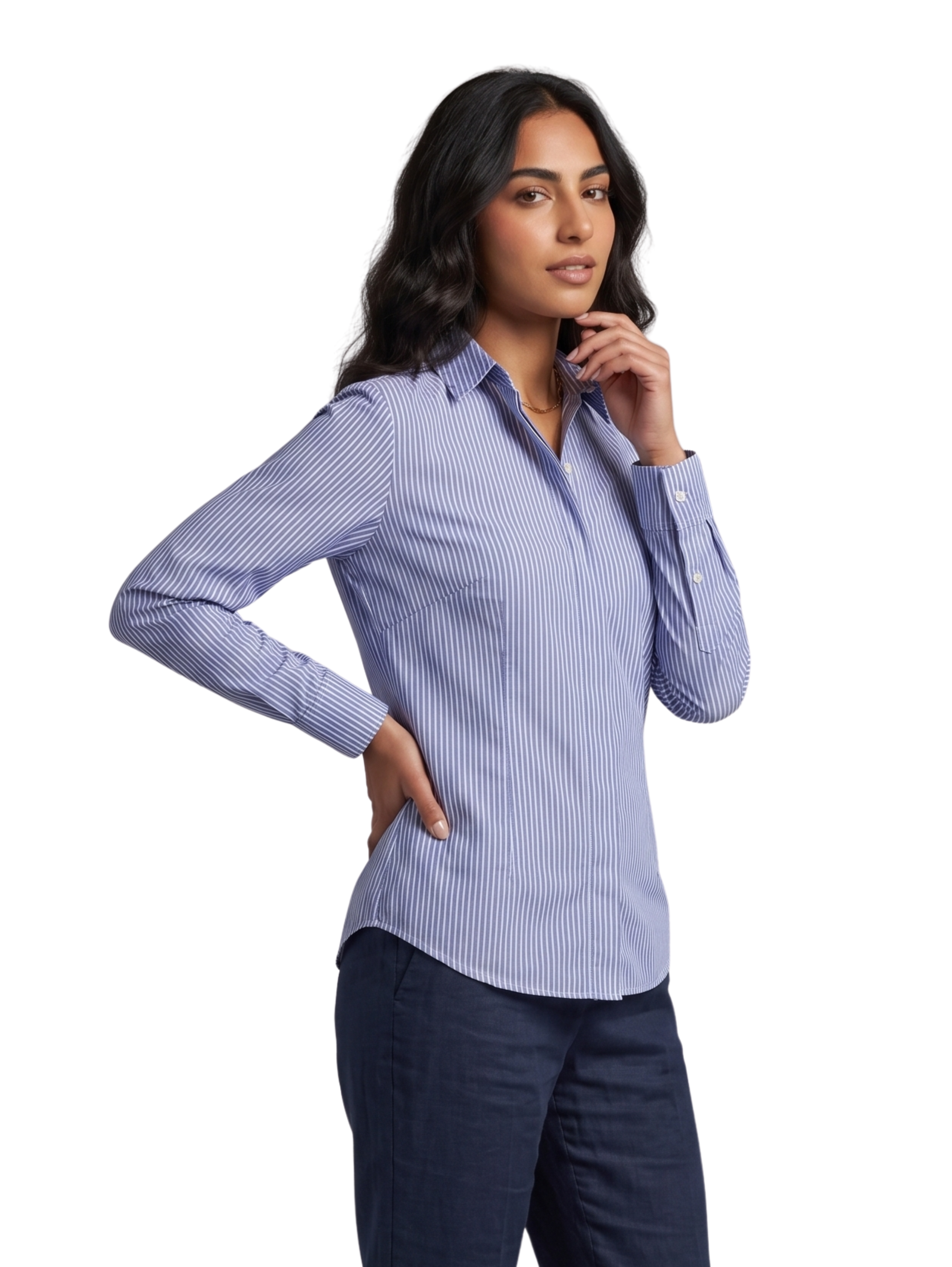 Blue Long-Sleeved Shirt With White Striped Design