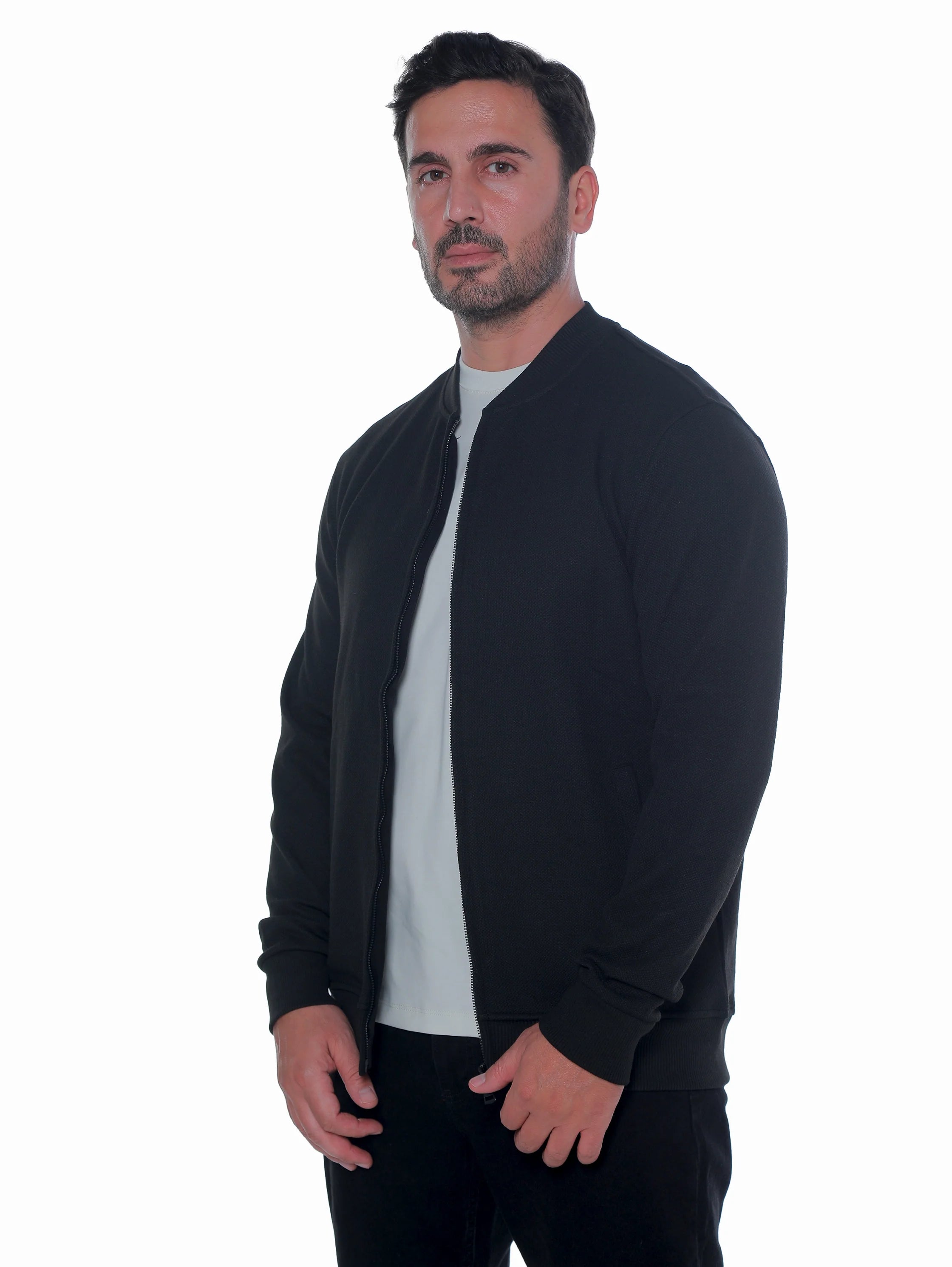 Zippered Black Jacket With Side Slanted Pockets