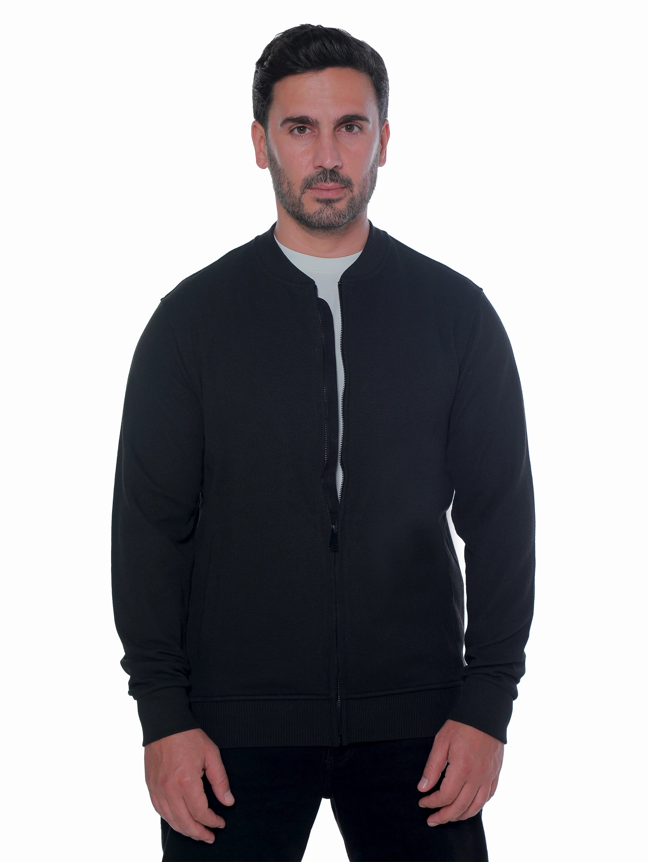 Zippered Black Jacket With Side Slanted Pockets