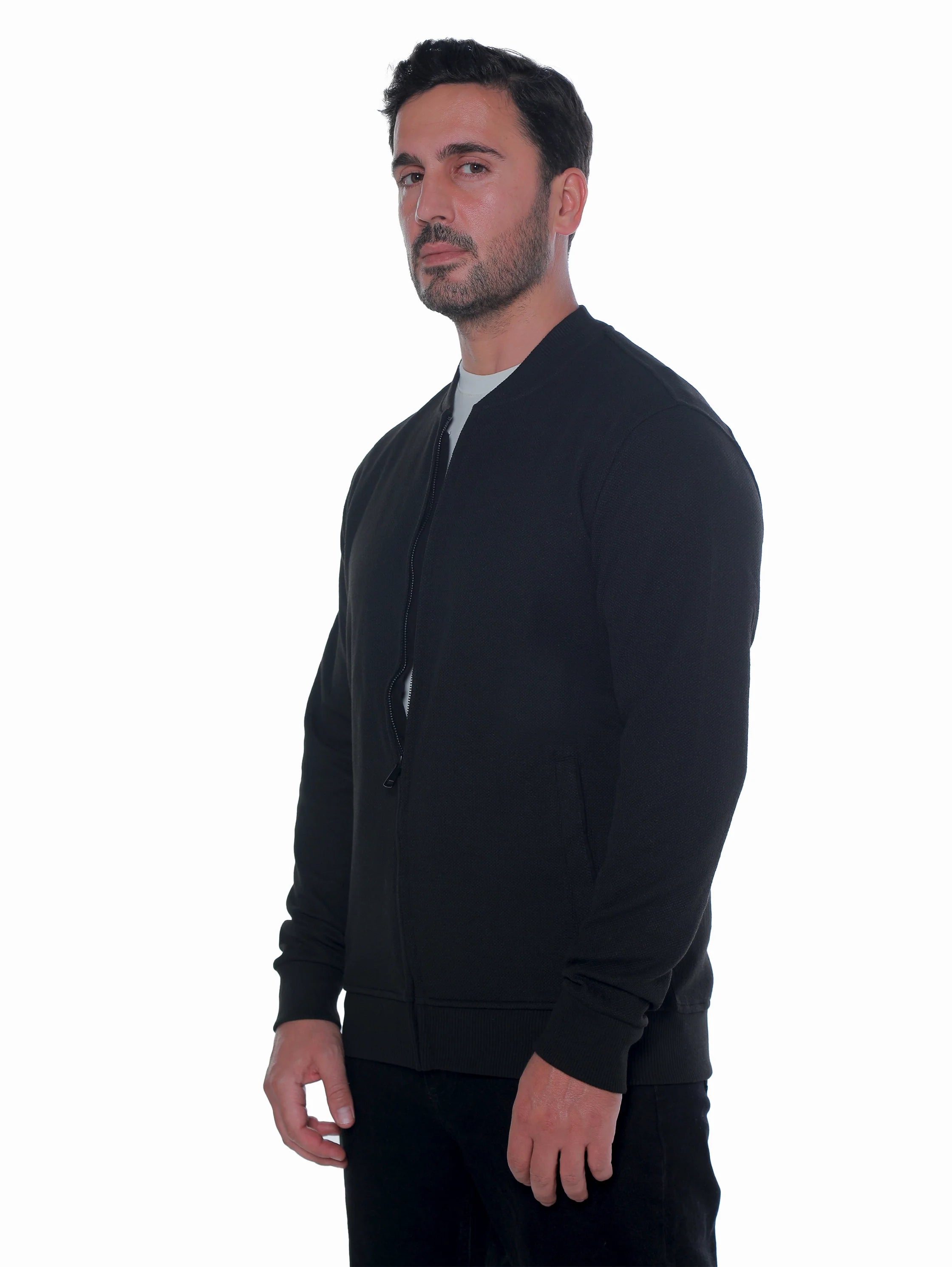 Zippered Black Jacket With Side Slanted Pockets