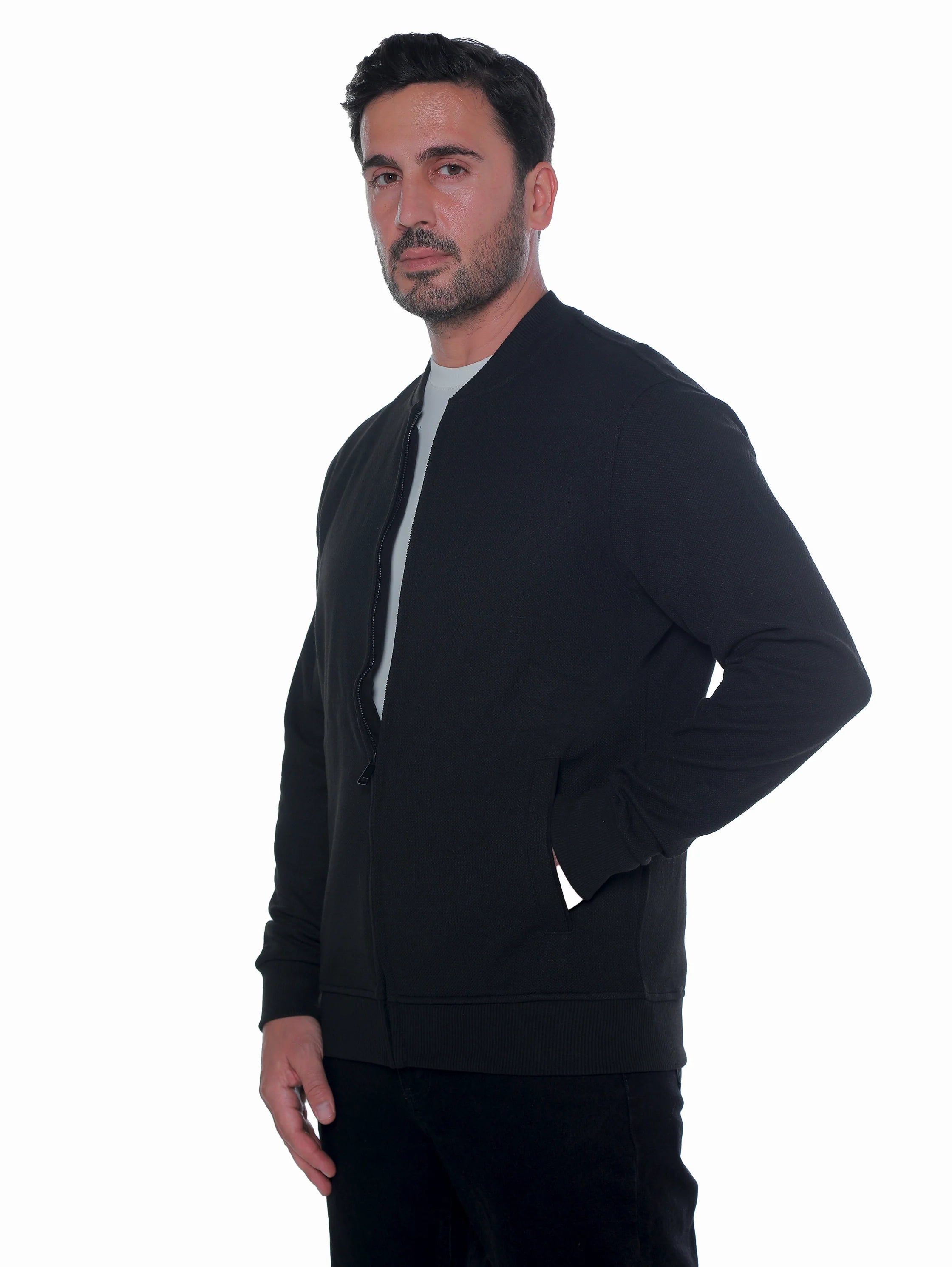 Zippered Black Jacket With Side Slanted Pockets