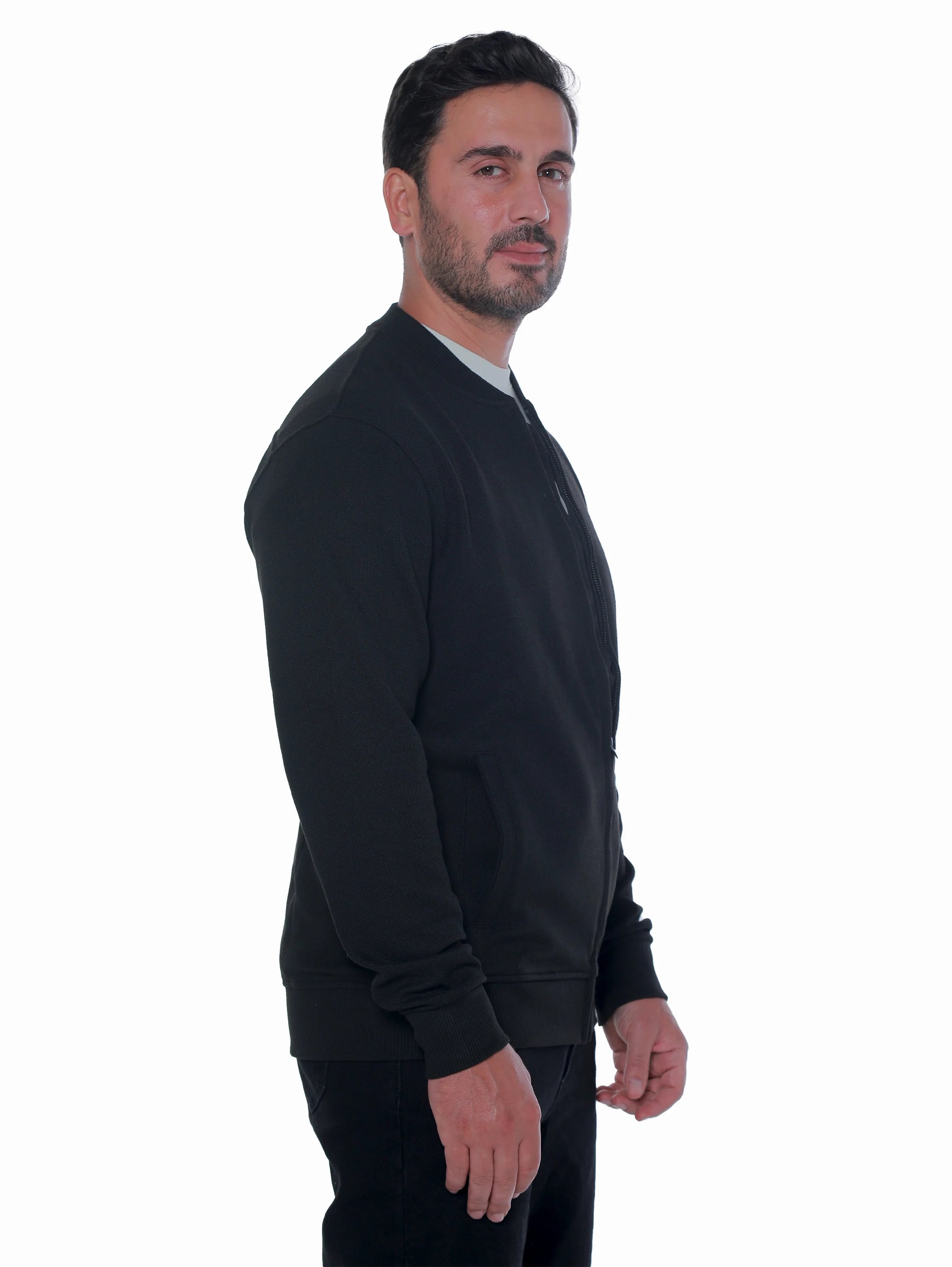 Zippered Black Jacket With Side Slanted Pockets