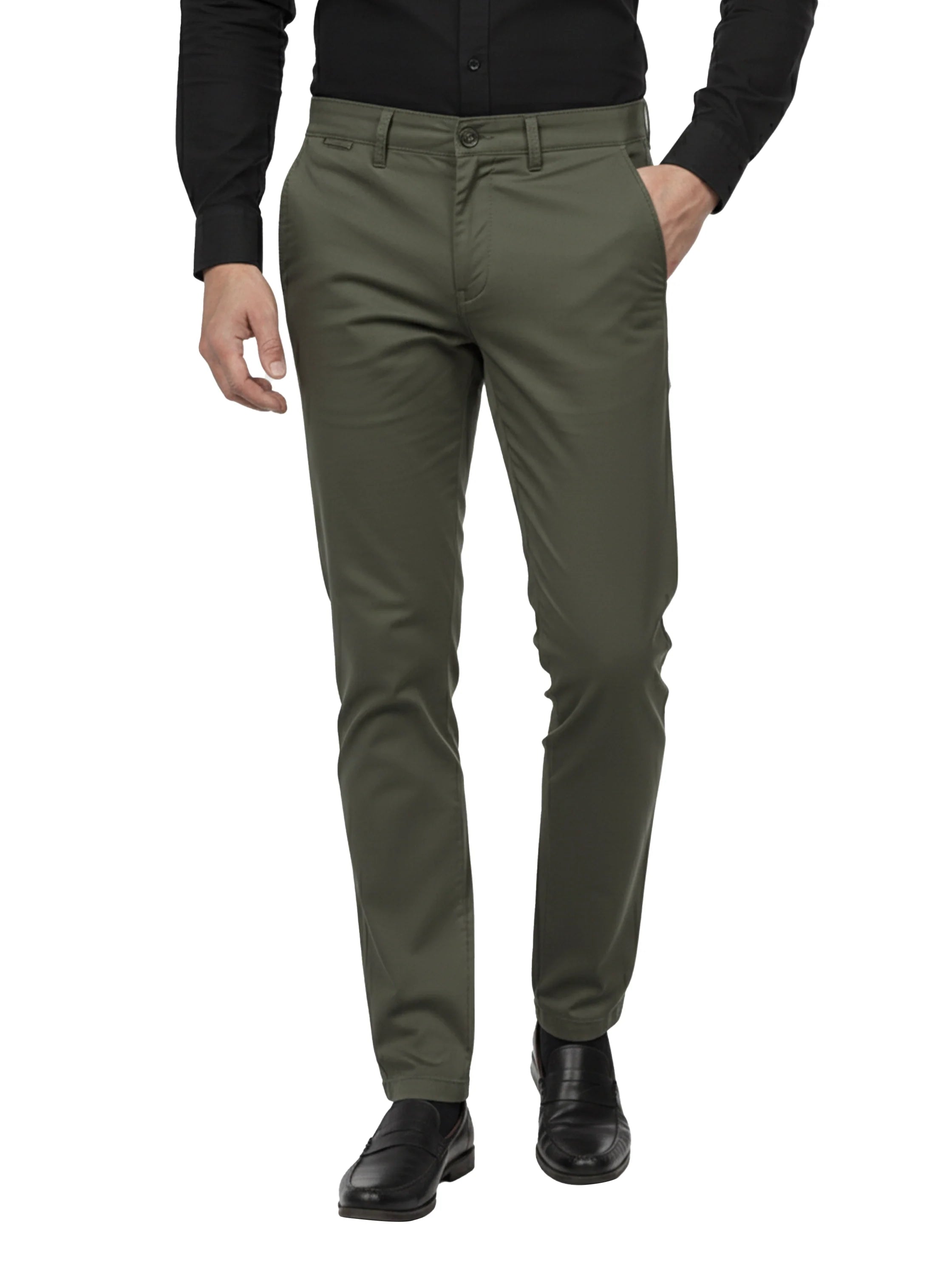 Olive Casual Chino Pant with Zipper & Button to Close