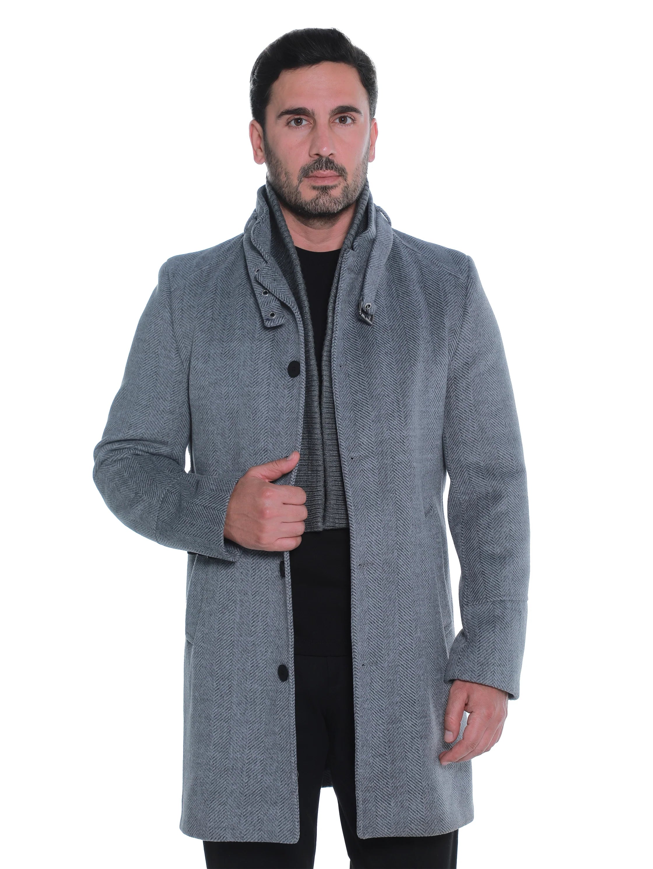 Grey Buttoned Coat With Side Slanted Pockets