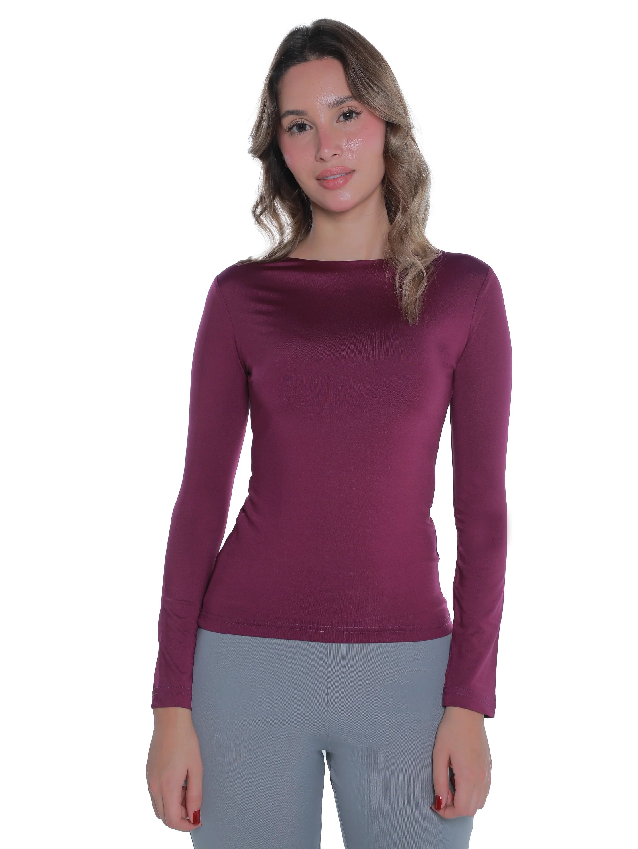 Long Sleeved Purple Basic Top Round Neck
