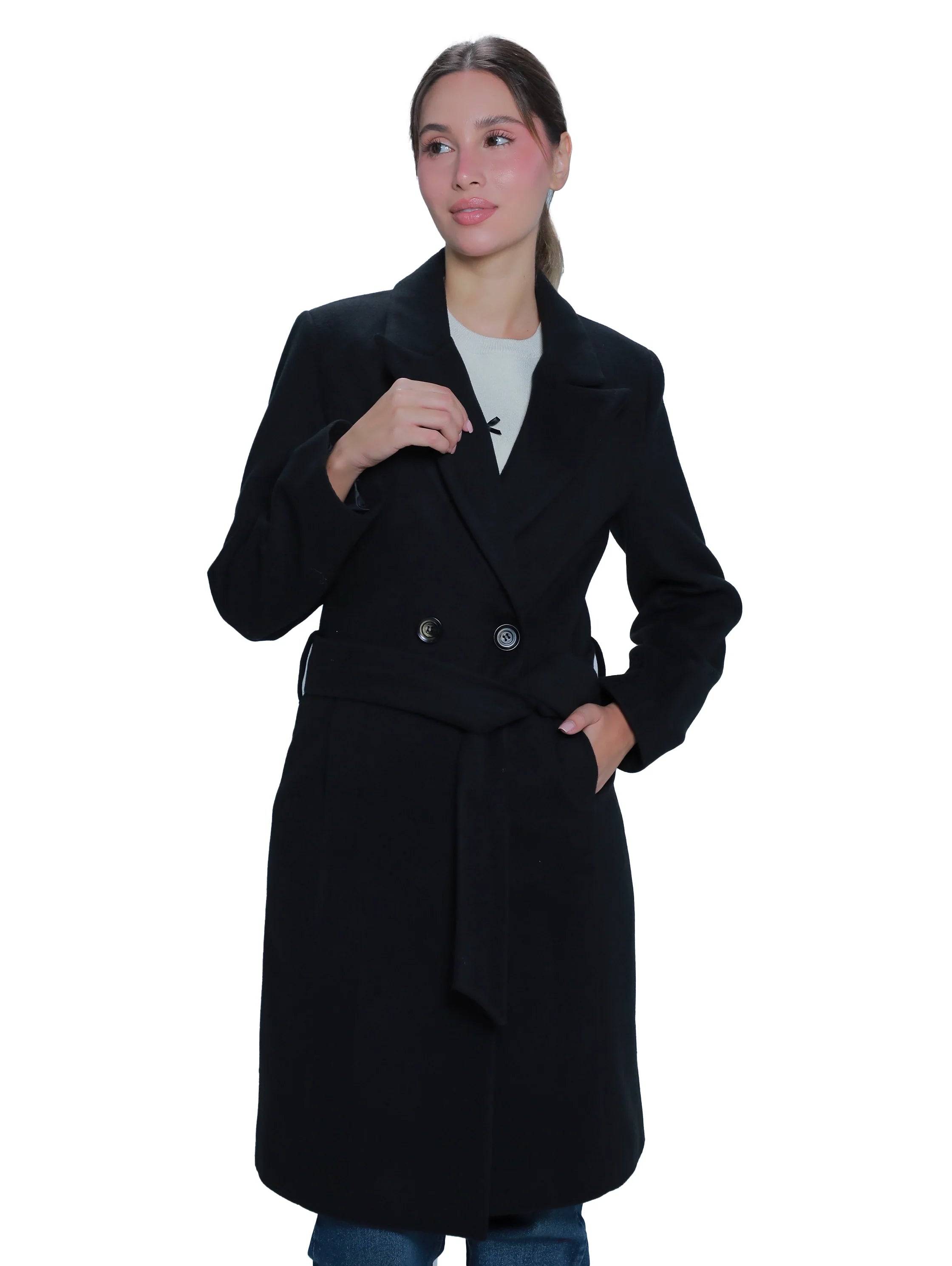 Black Belted Coat With Slanted Side Pocket