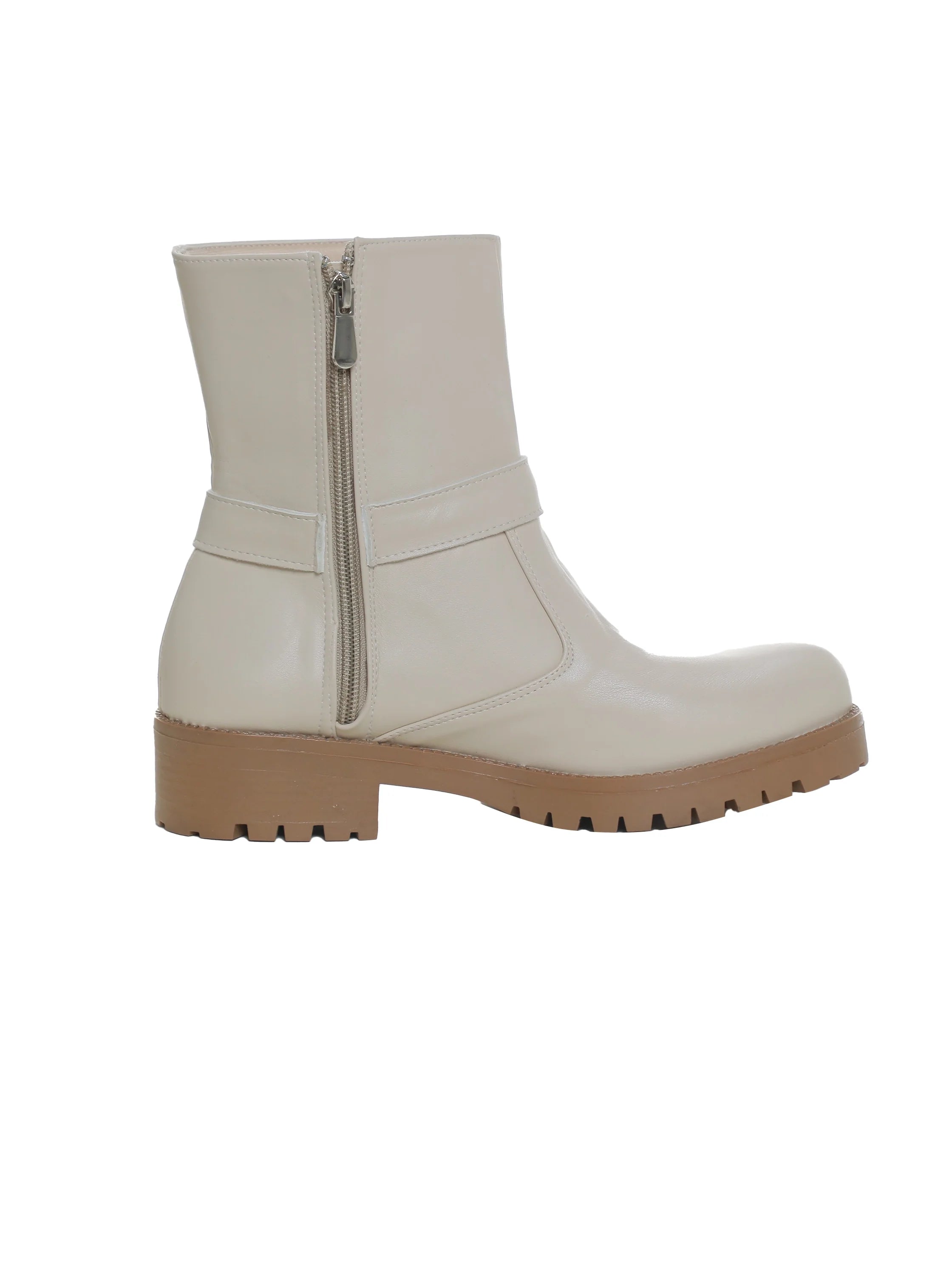 Beige Lace-Up Ankle Boot With Side Zipper