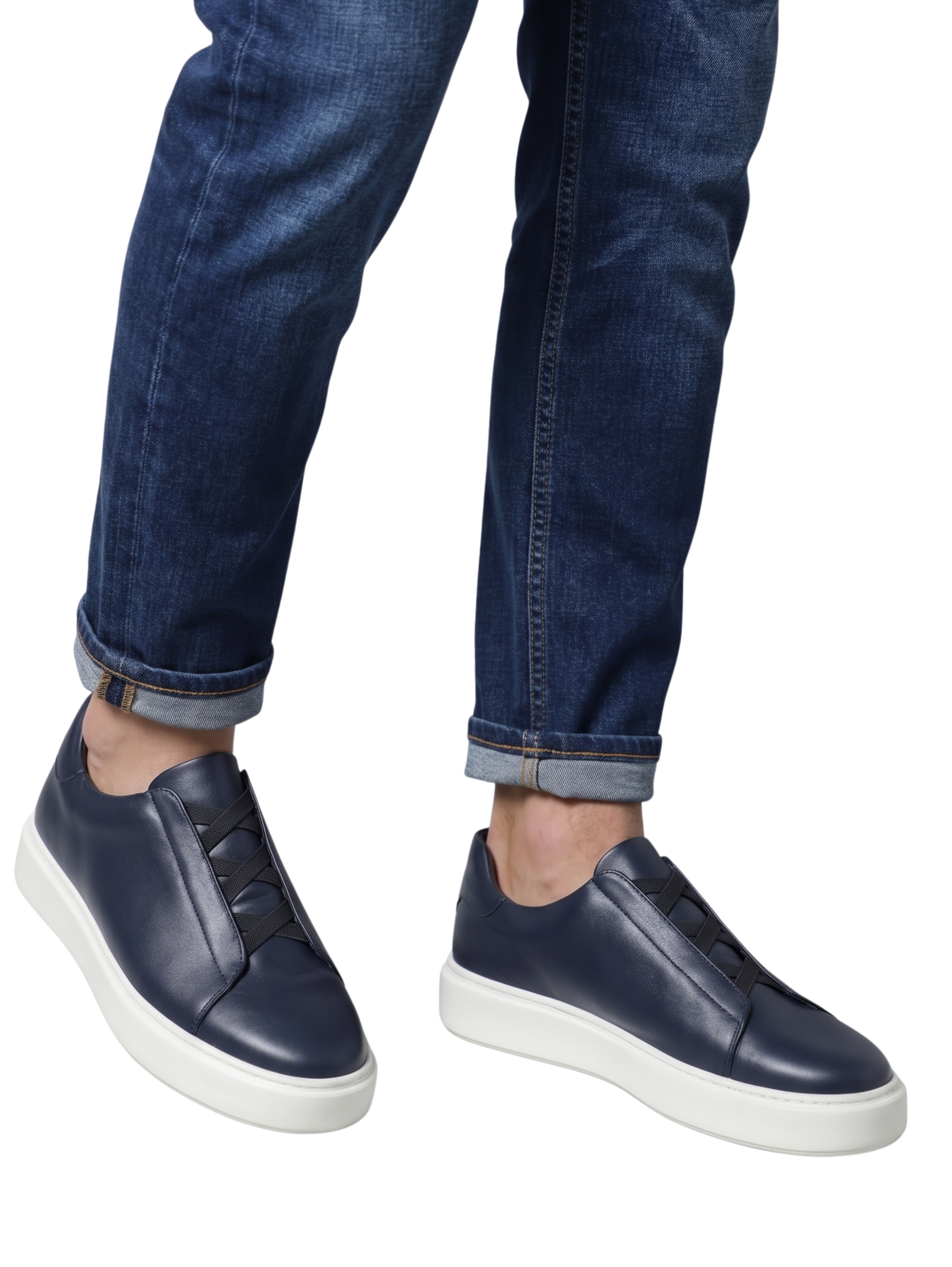 Navy Leather Smart Casual Shoes With Crisscrossing Elastic Lace