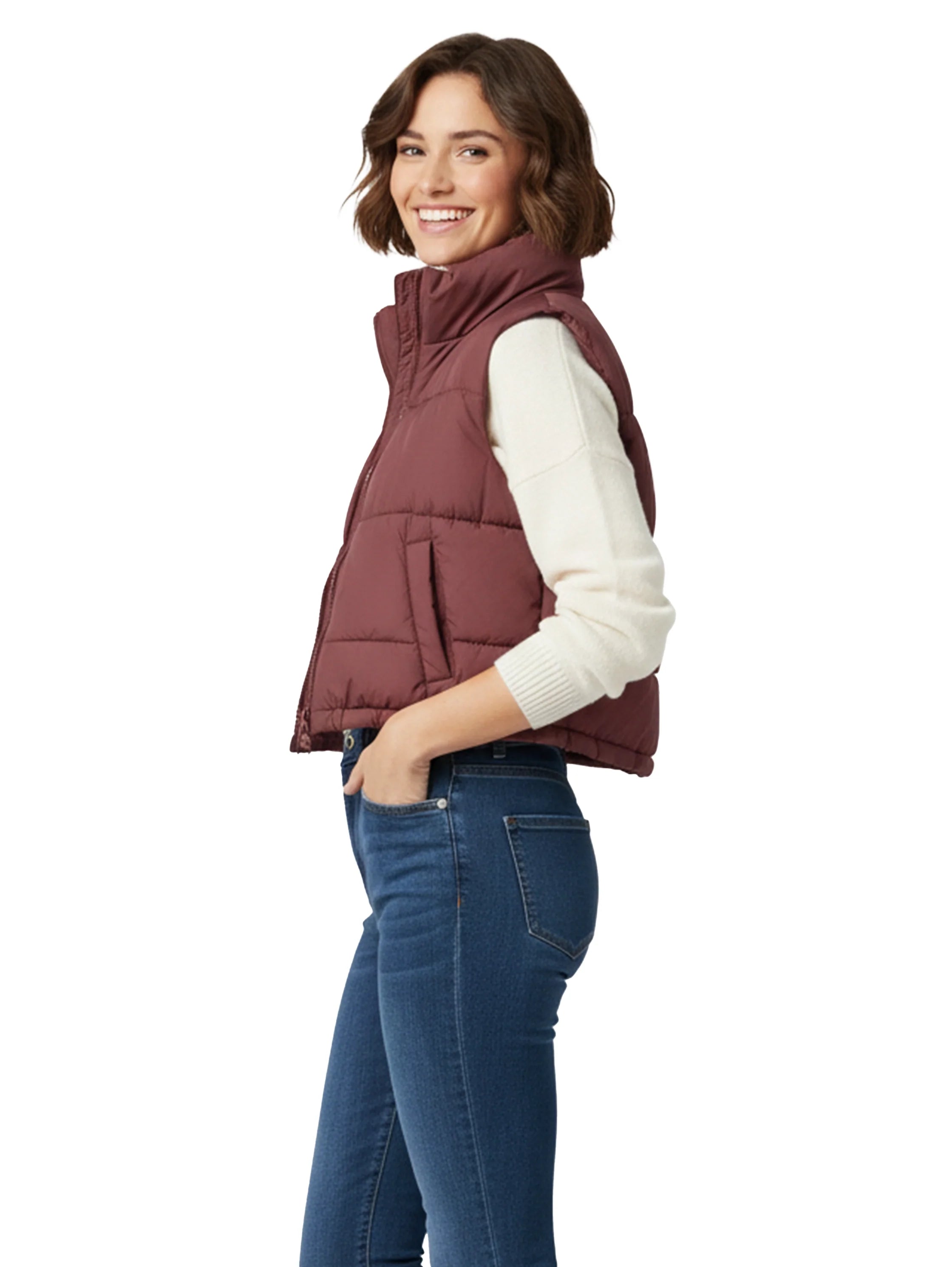 Crop Padded Wine Puffer Vest