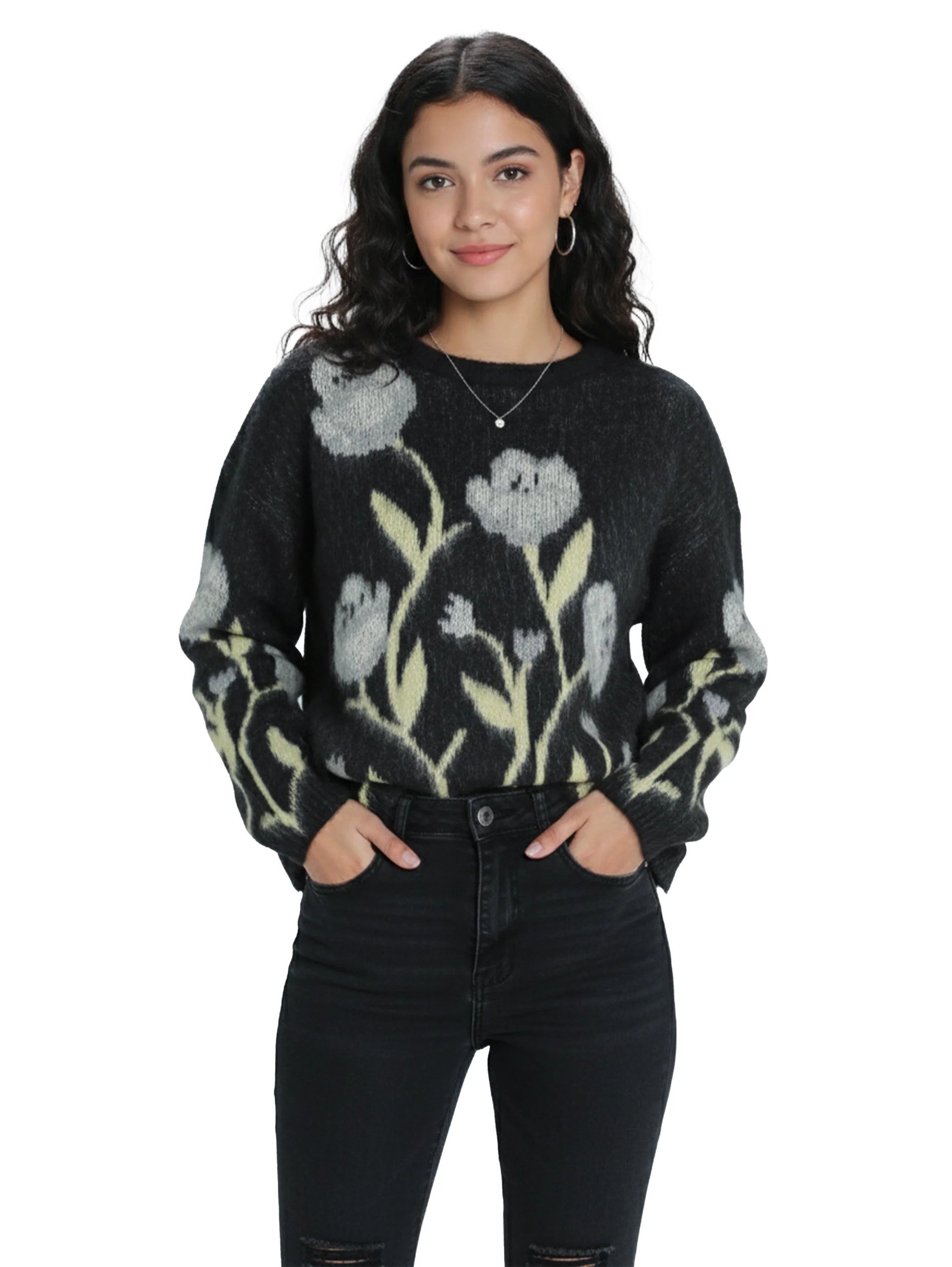 Long Sleeved Black Pullover With Flower Design