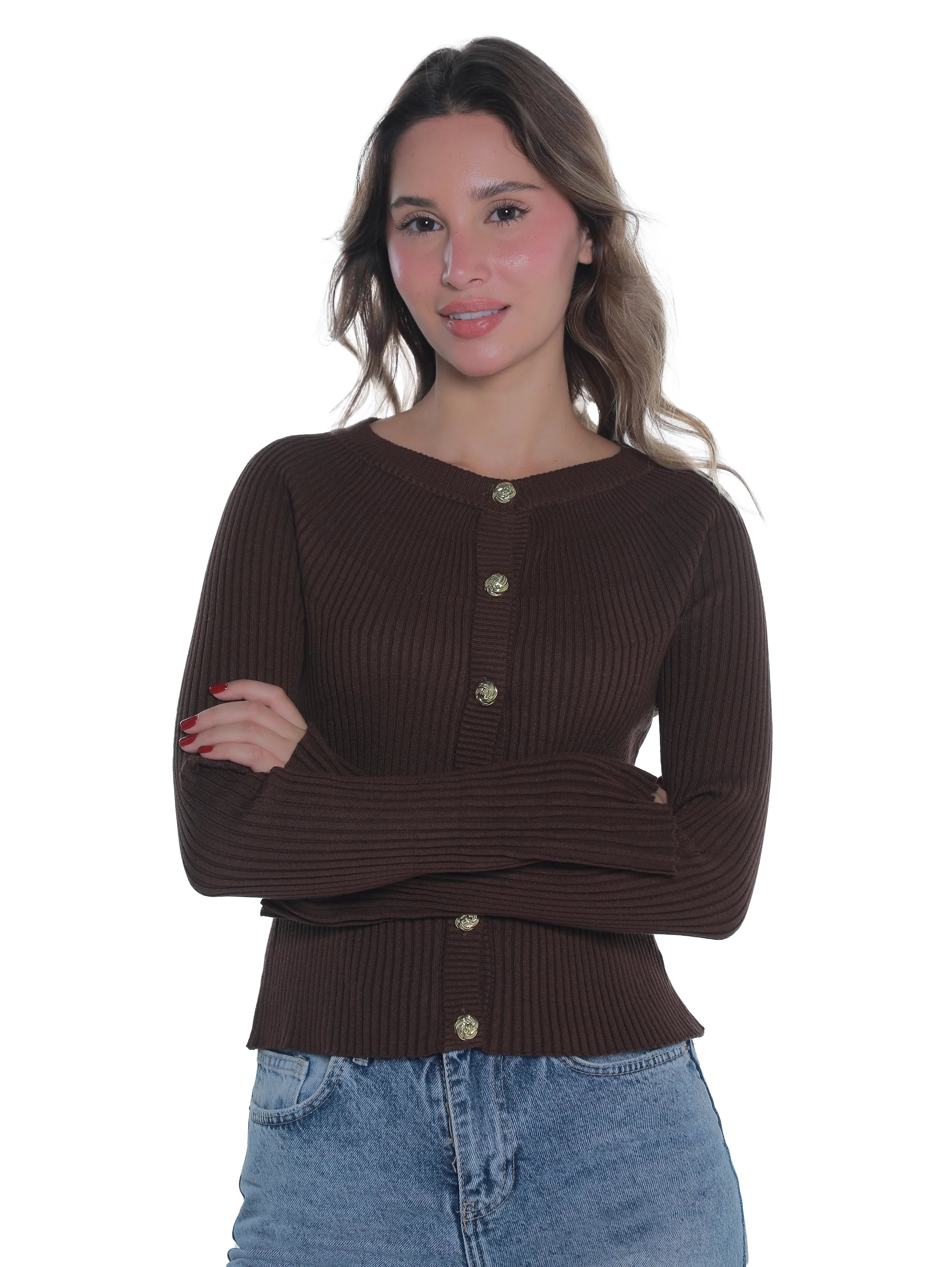 Ribbed Brown Pullover With Button To Close
