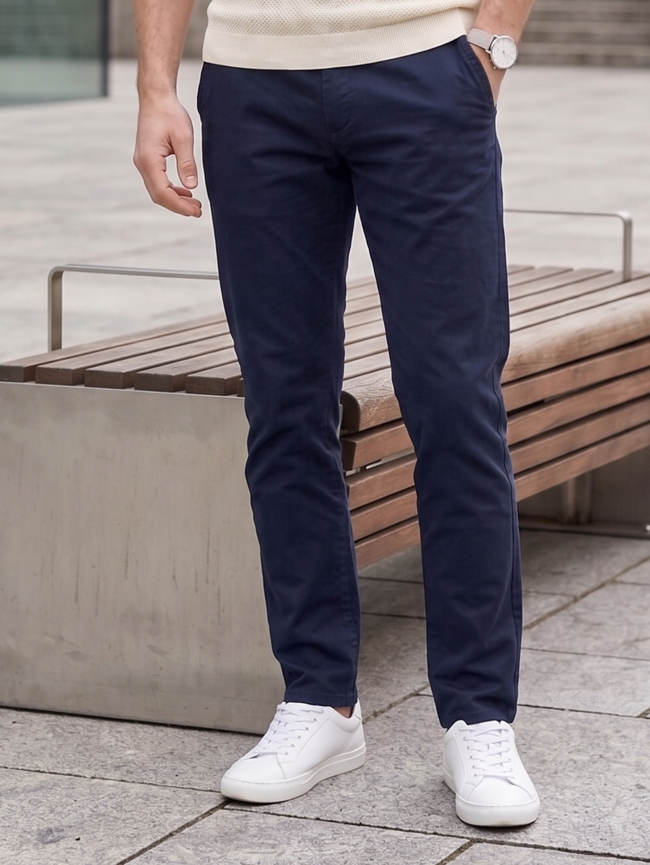 Navy Casual Chino Pants With Side Slanted Pockets