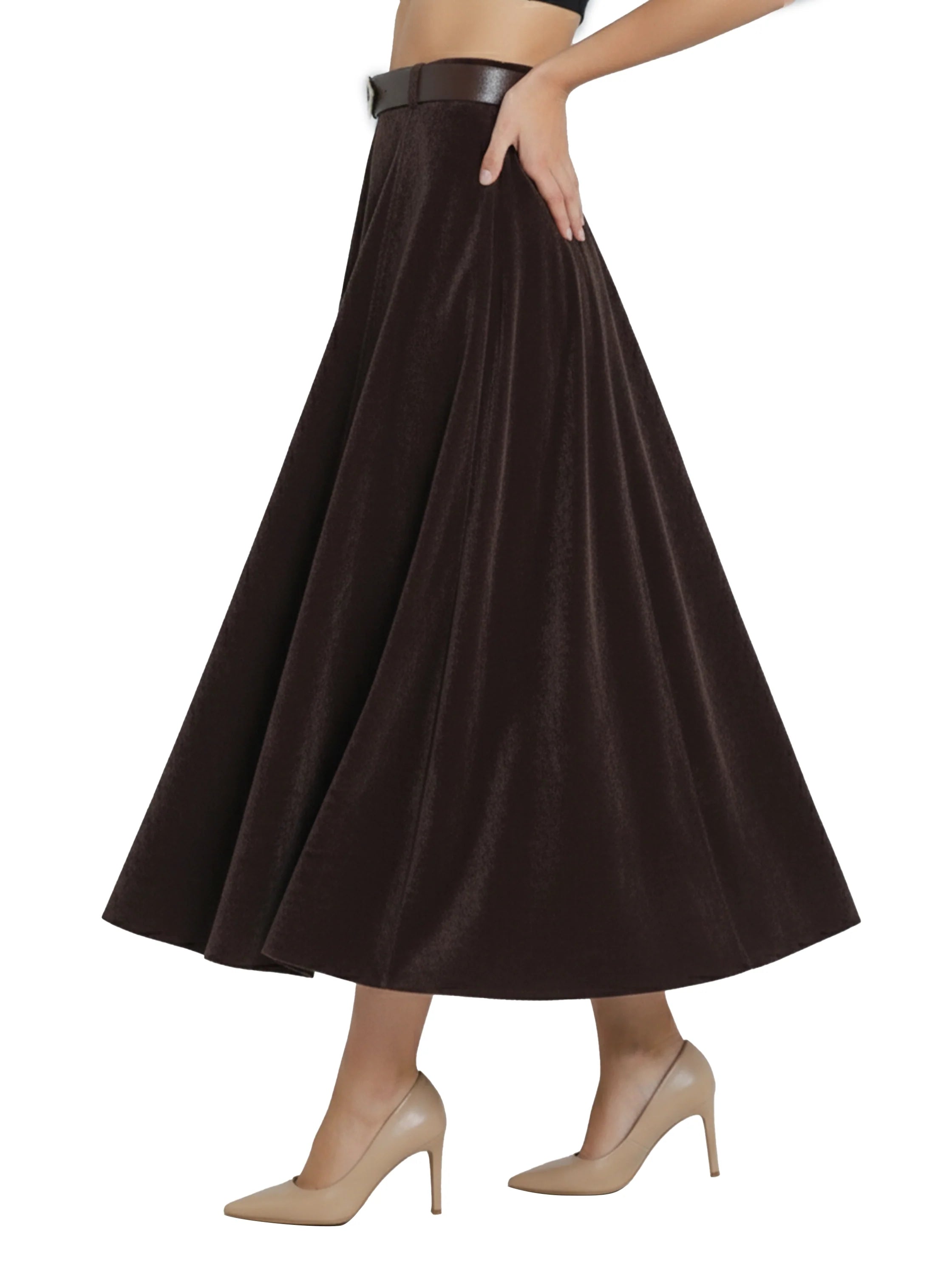 Dark Brown Velvet Maxi Skirt With Belt