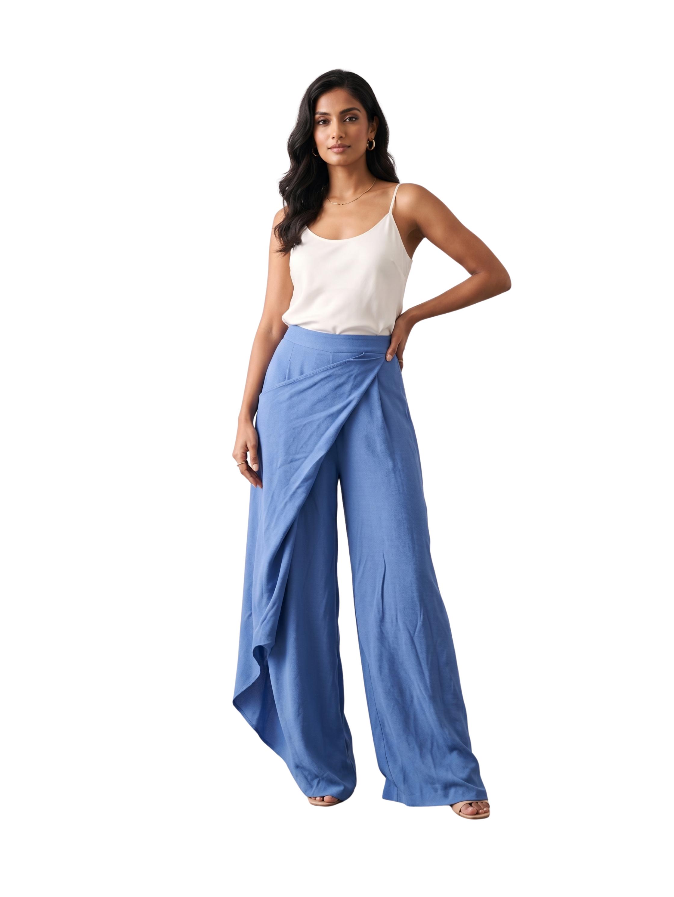 Blue Flowy Draped Side Skirt Linen Wide Leg Pants
