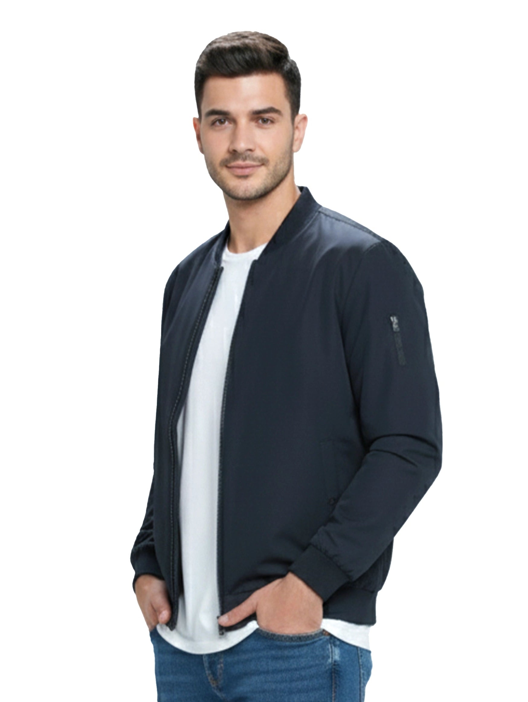 Navy Bamber Jacket With Zipper To Close