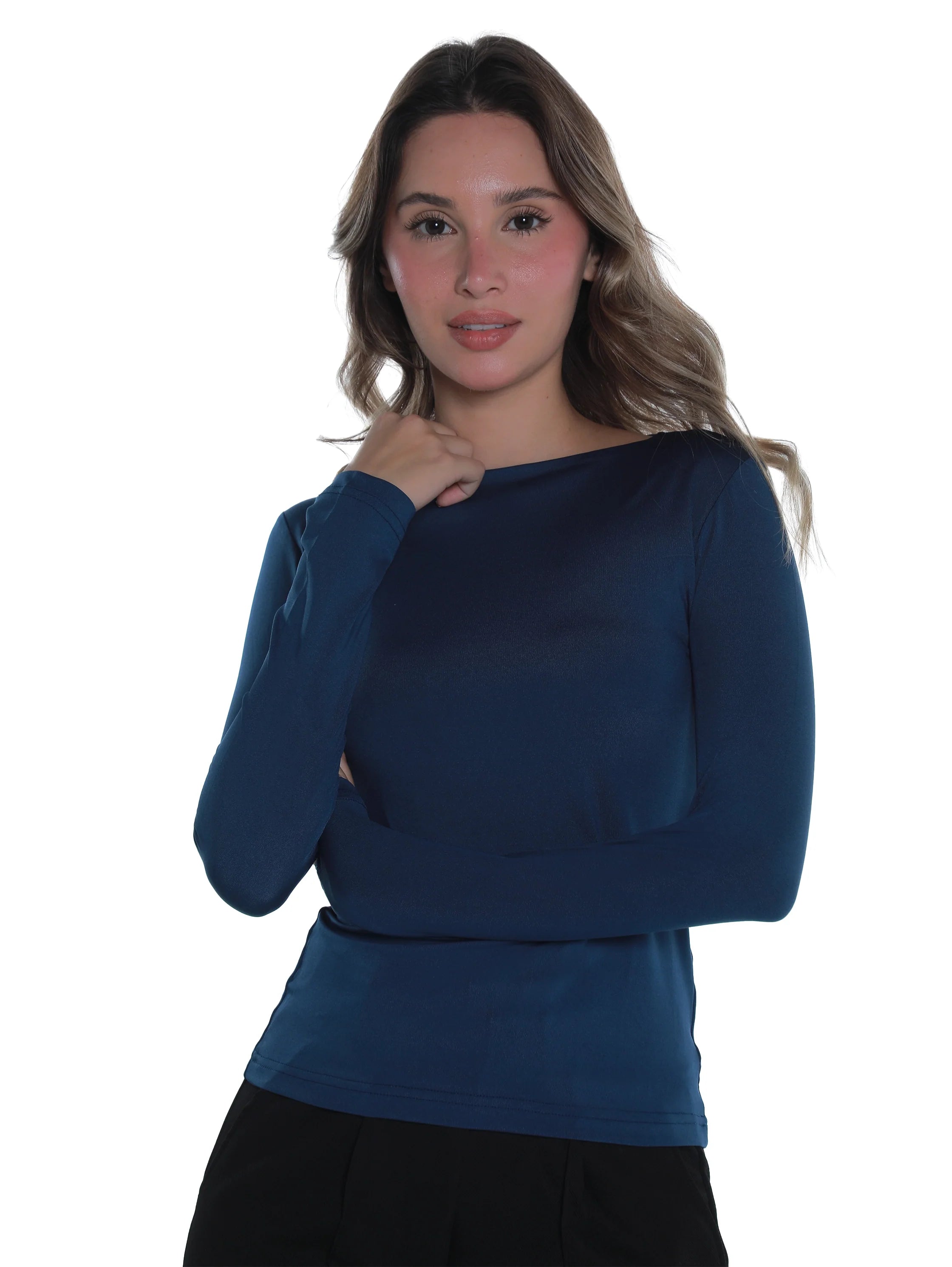 Long Sleeved Indigo Basic Top Round Neck