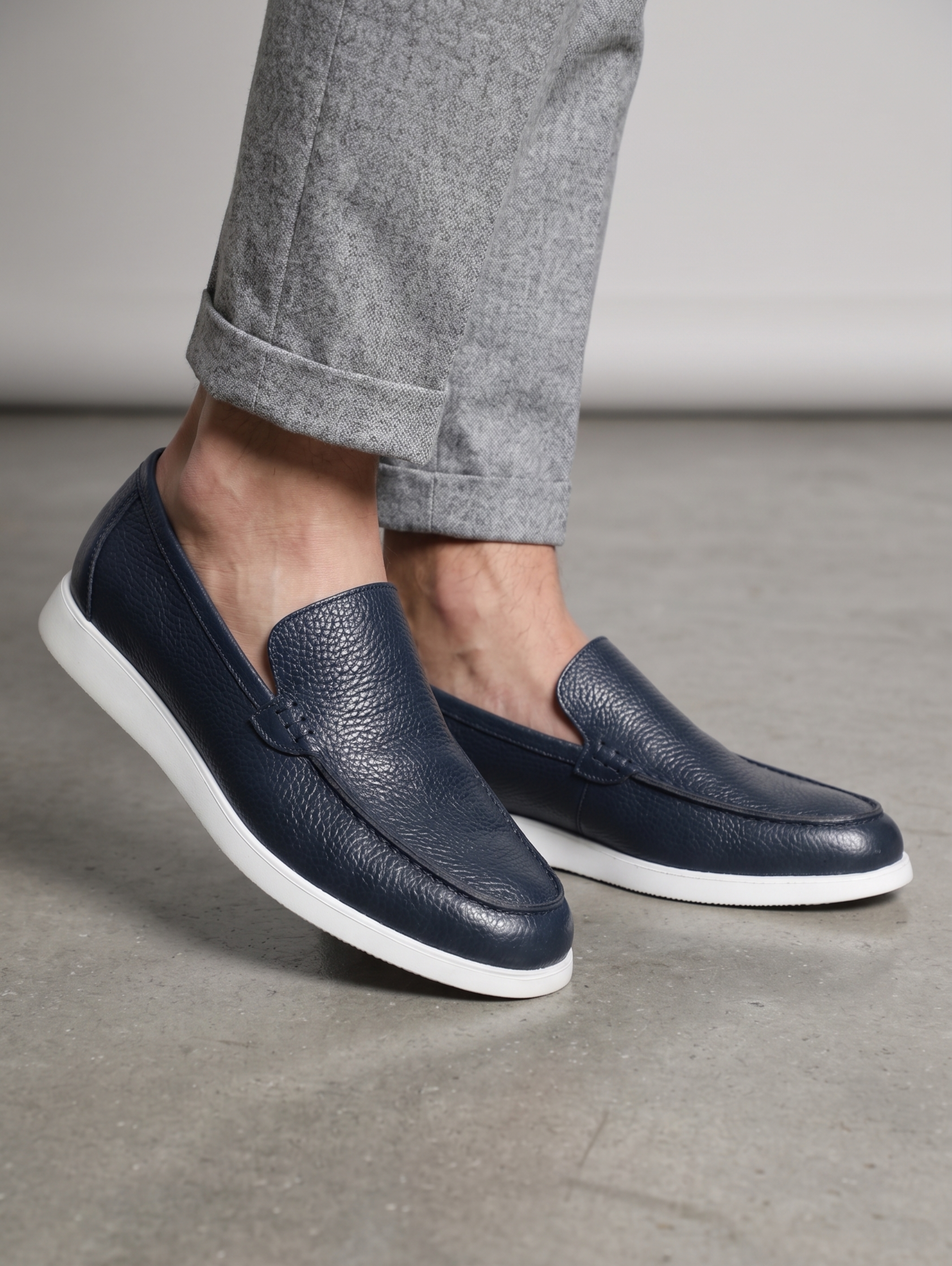 Navy Leather Slip-On Casual Shoes With White Sole