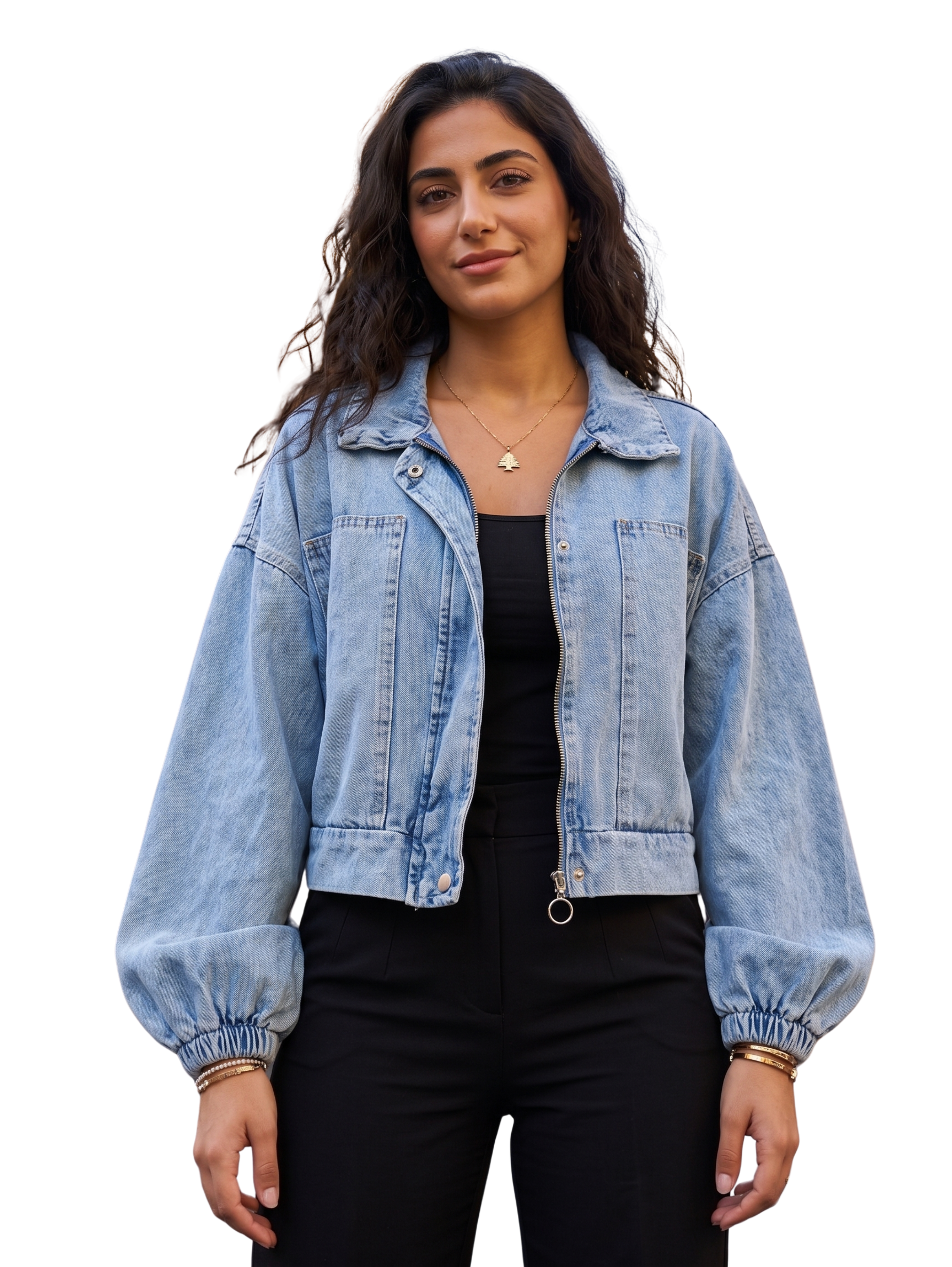 Light Blue Cropped Causal Denim Jacket With Front Zipper & Slouchy Drop Shoulder