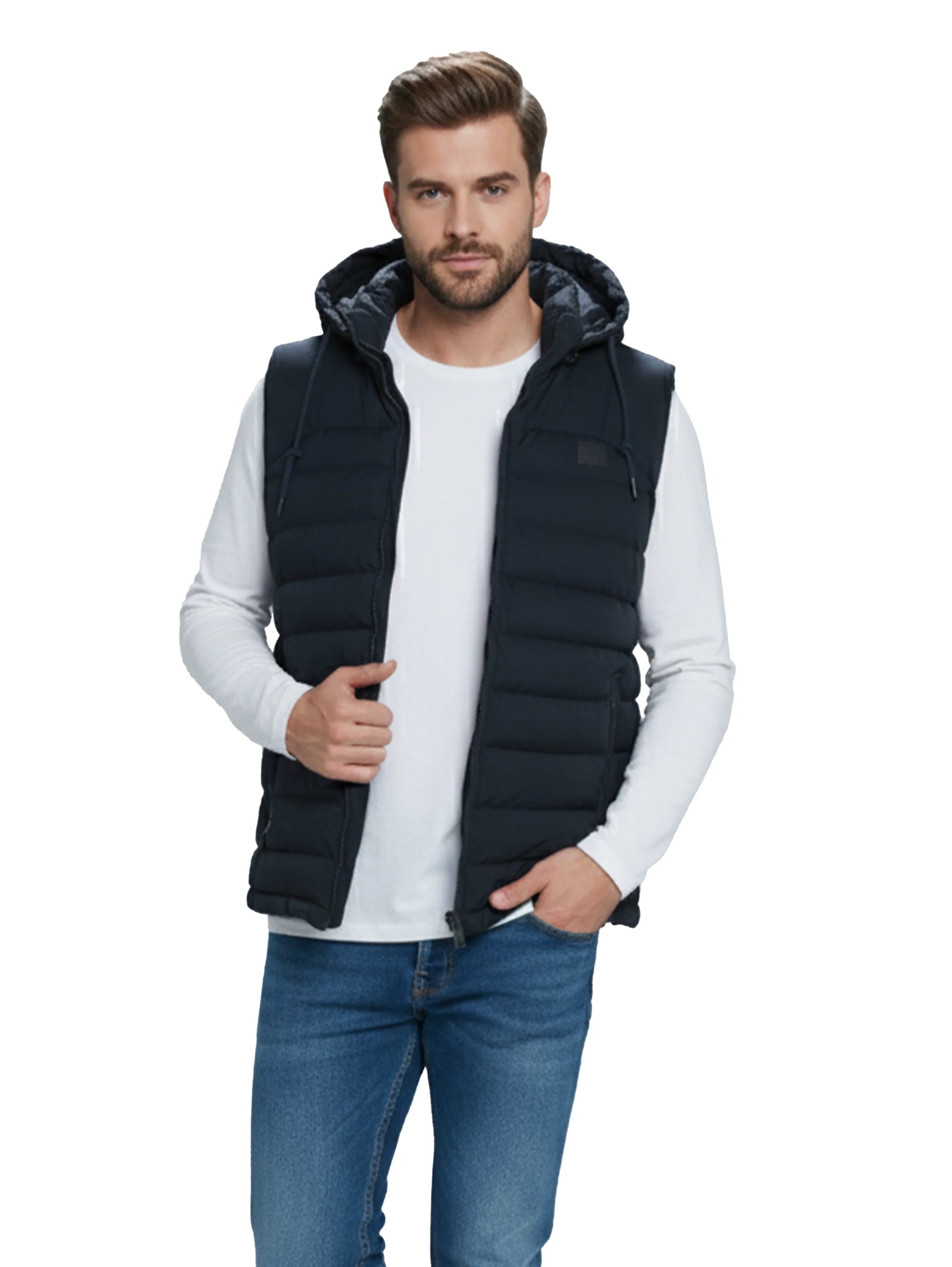 Navy Zippered Padded Vest With Hoodie
