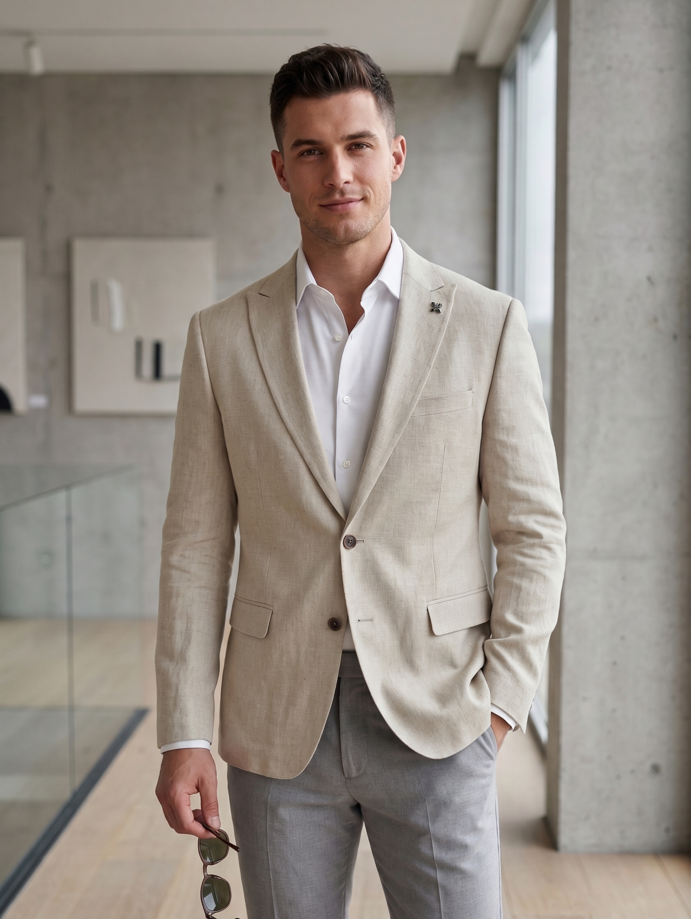 Two Button Beige Tailored Linen Blazer