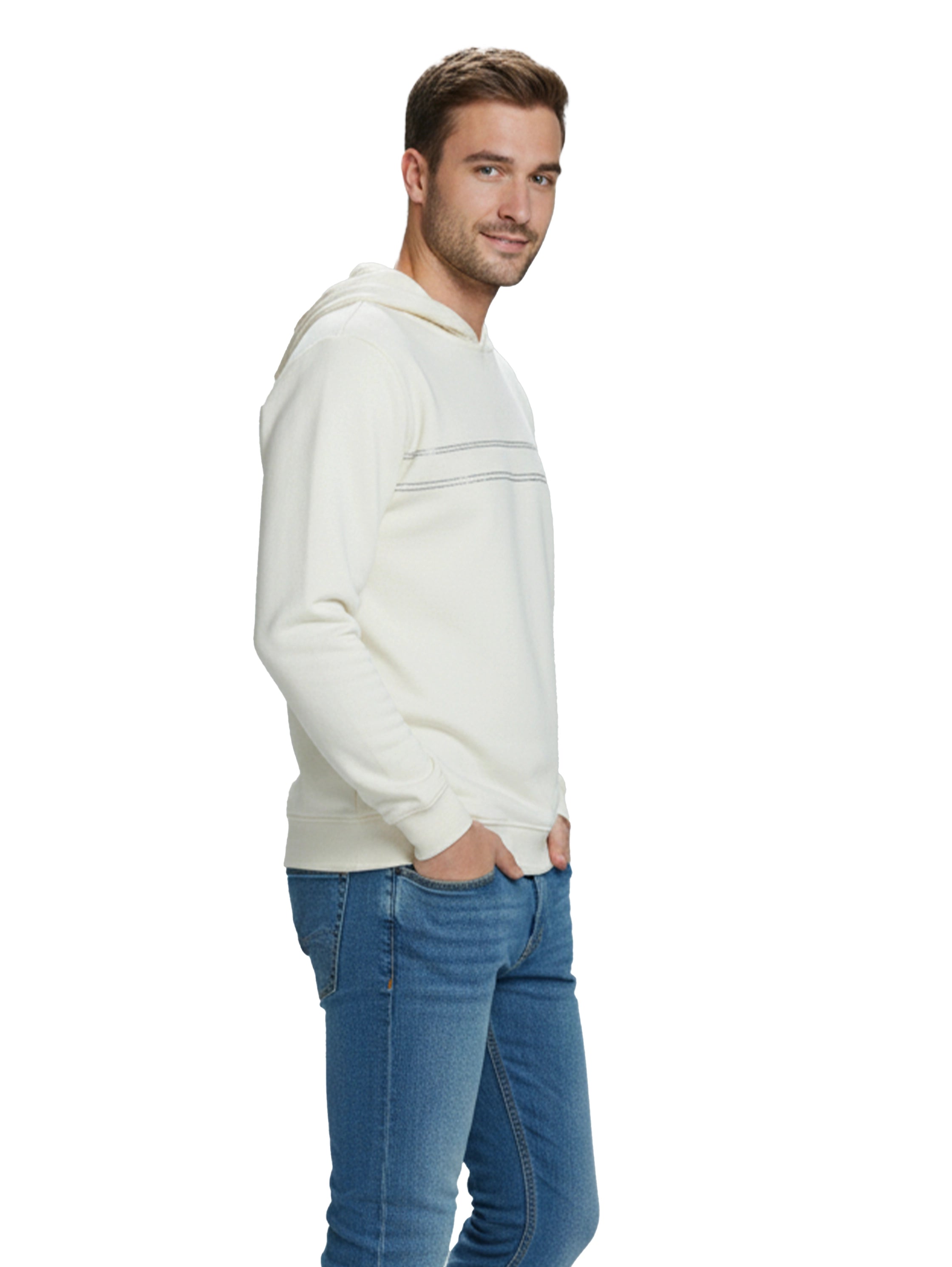 Cotton Offwhite Hoodie With Front Stripe Design