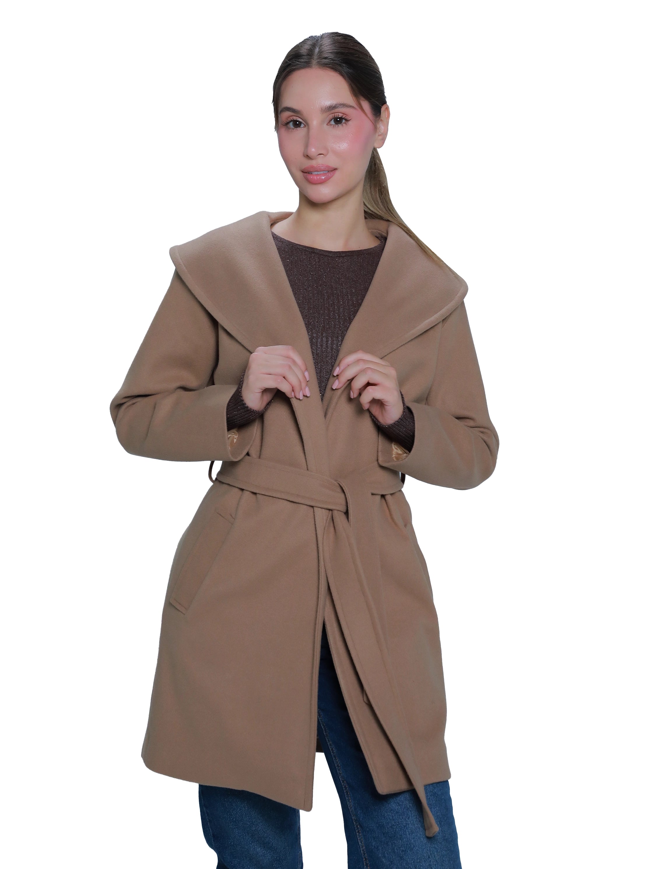 Camel Warm Belted Coat With Open Collar