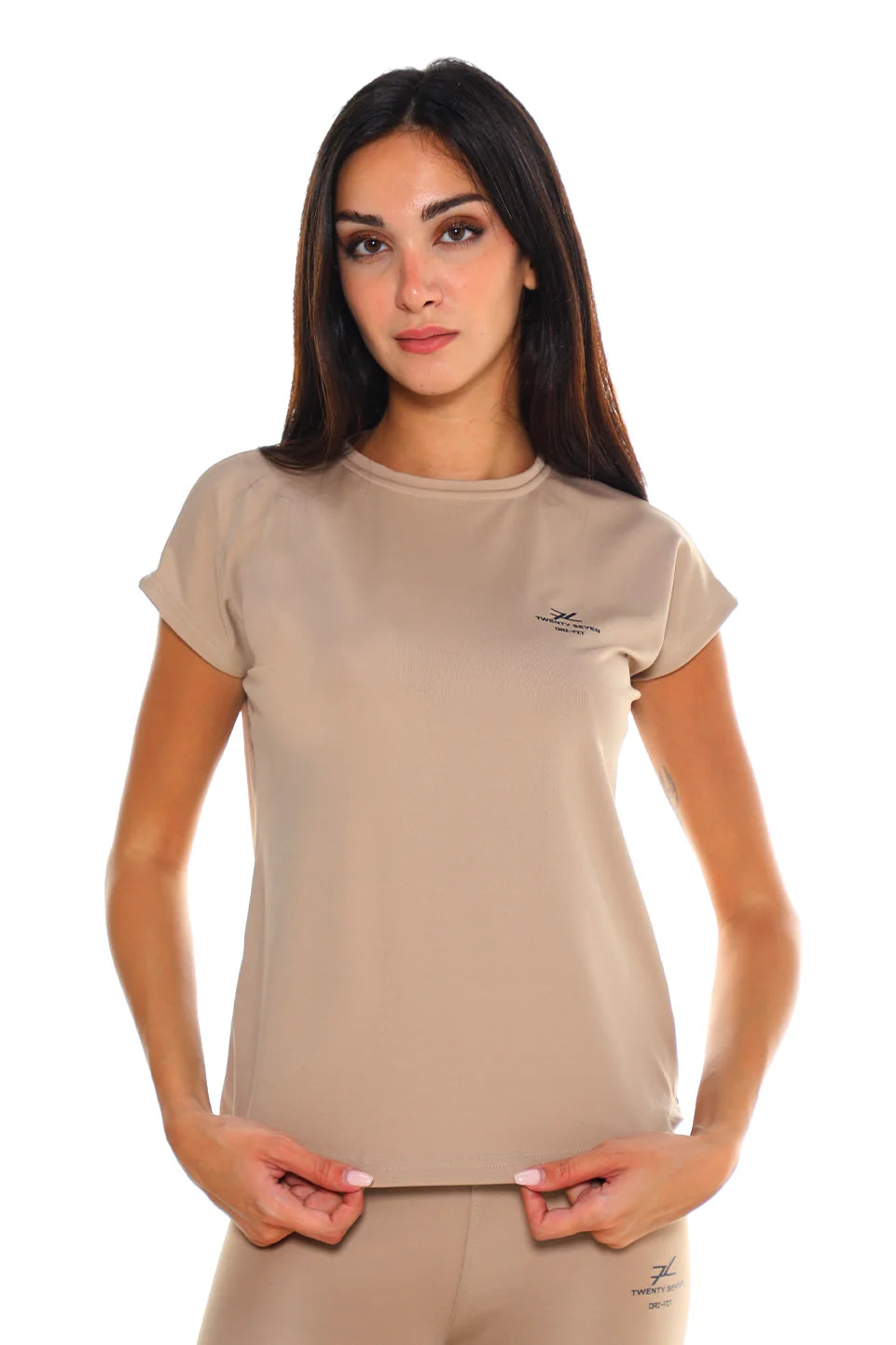 Short Sleeved Beige Active Top With Simple Logo