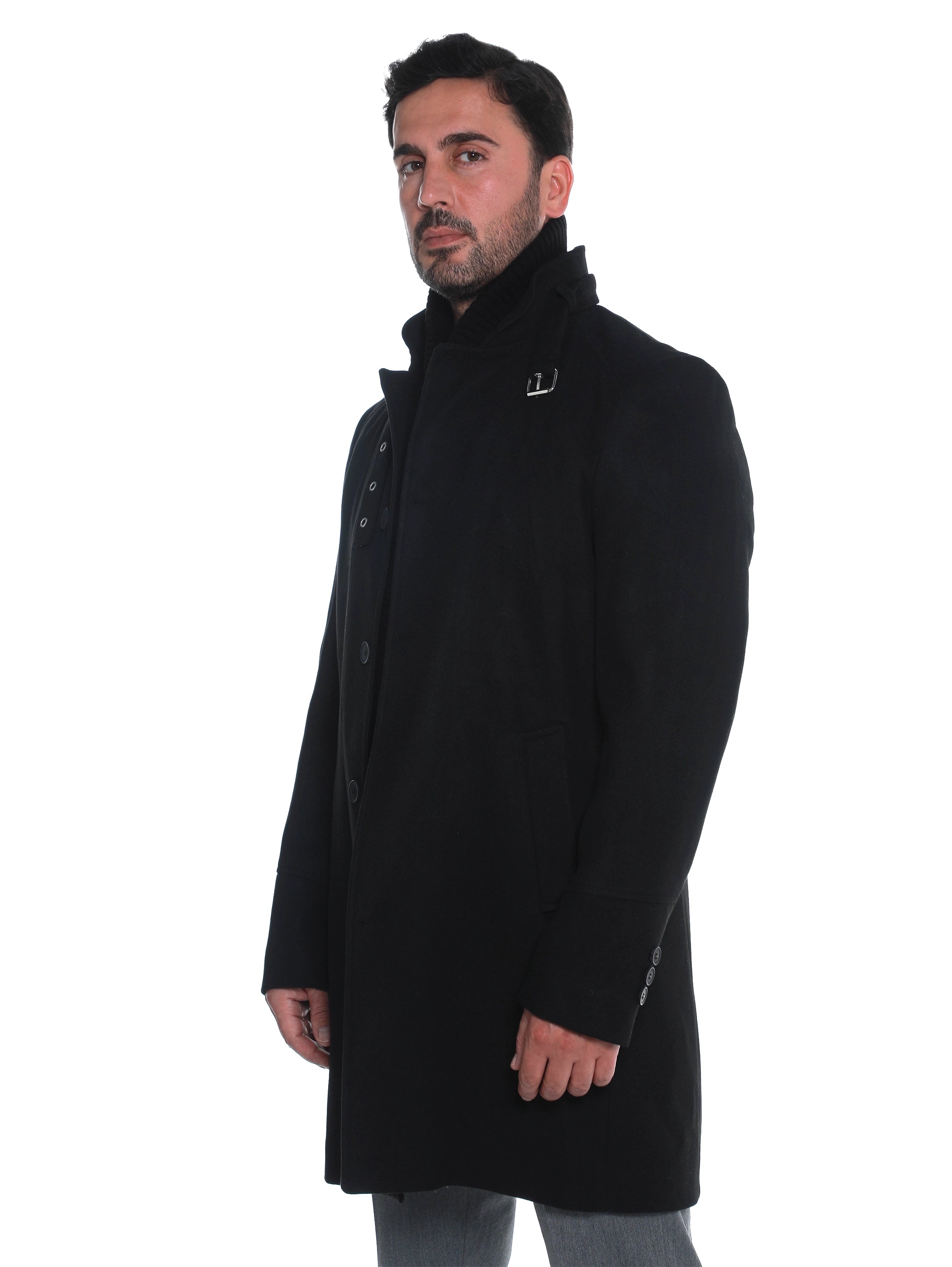 Black Buttoned Coat With Stand Up Collar