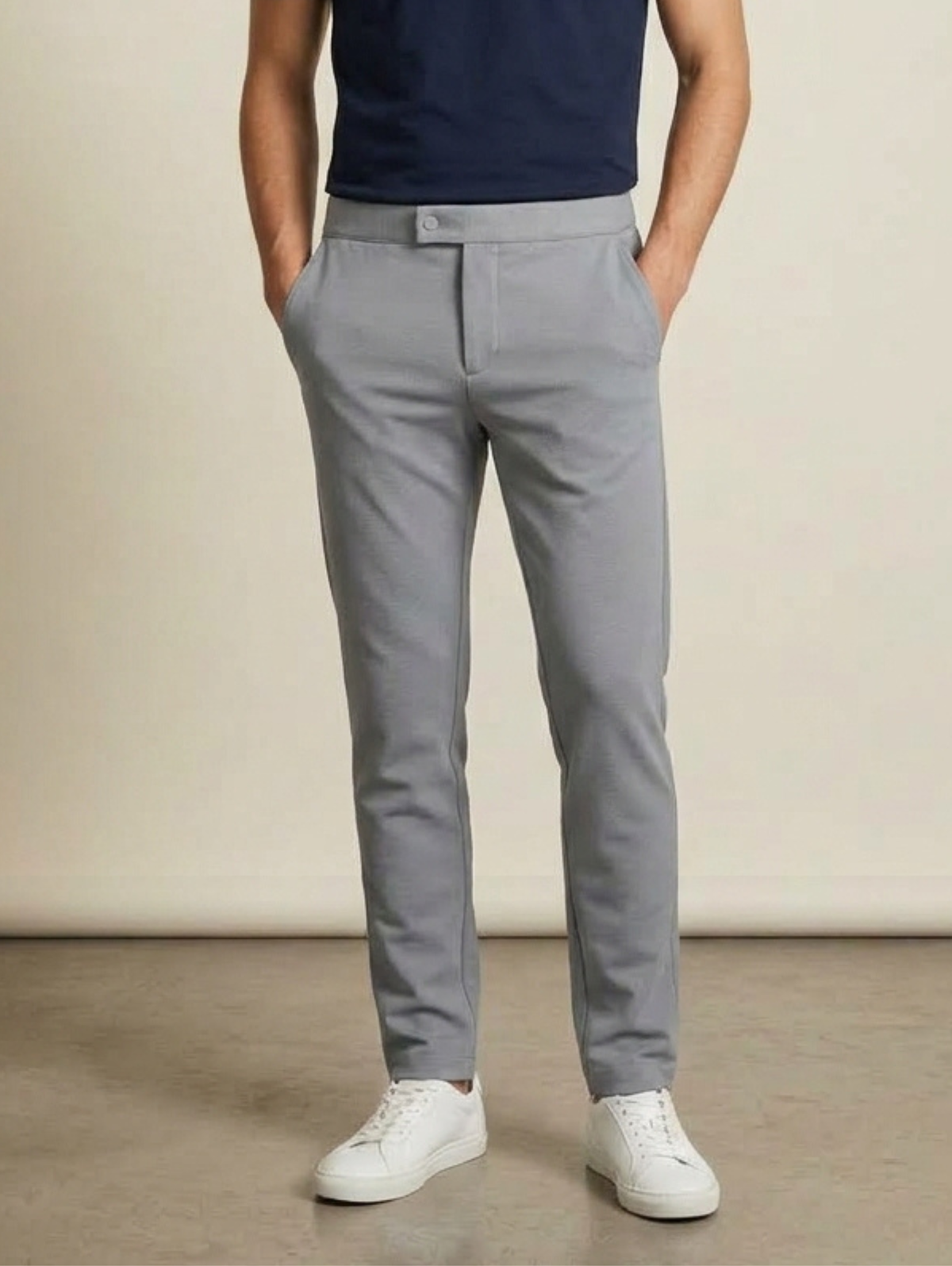 Grey Slim Straight Single Button Closure Pant With Back Elastic Waistband