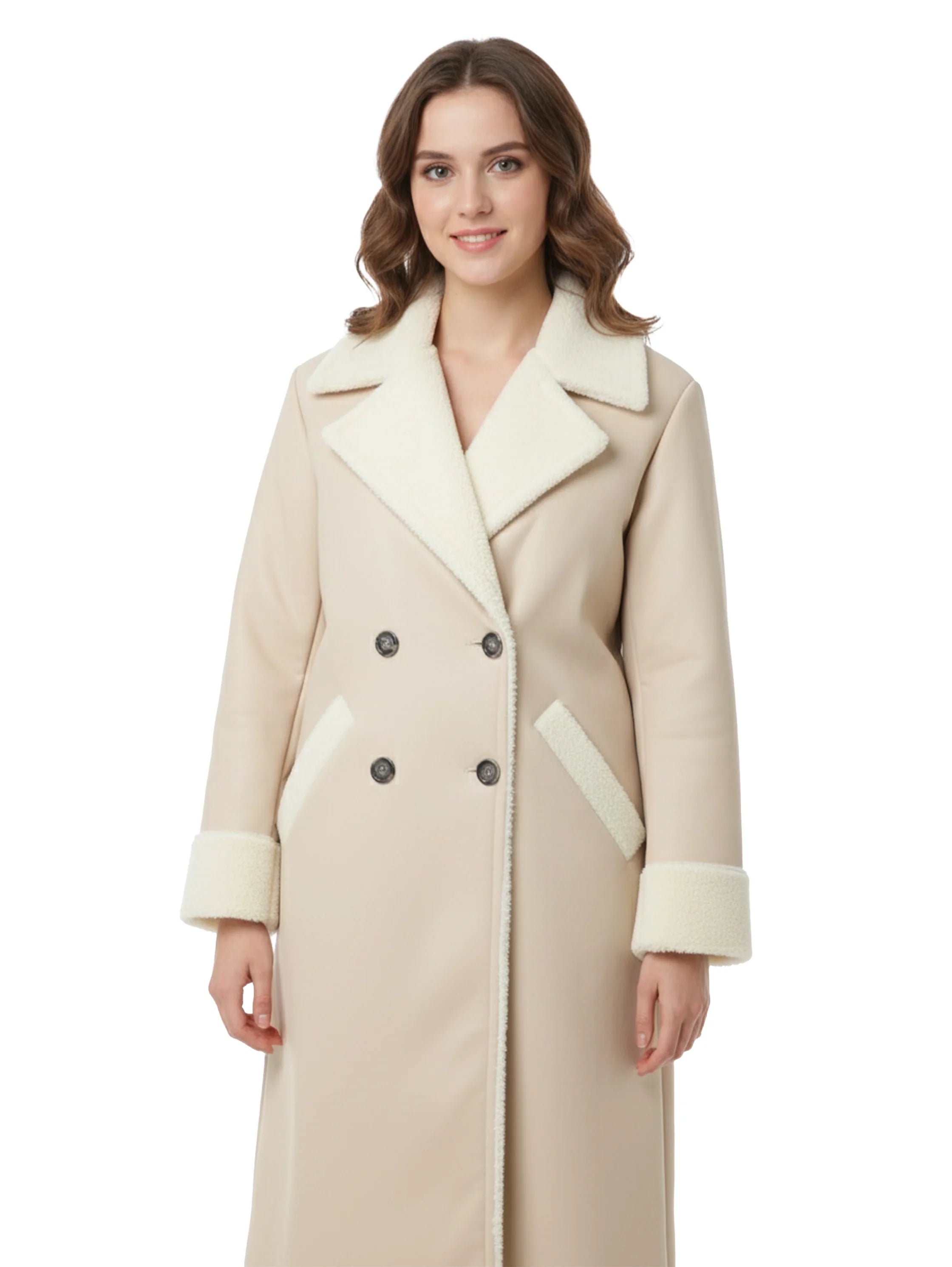 Beige Double-Breasted Long Coat With Lapel Collar