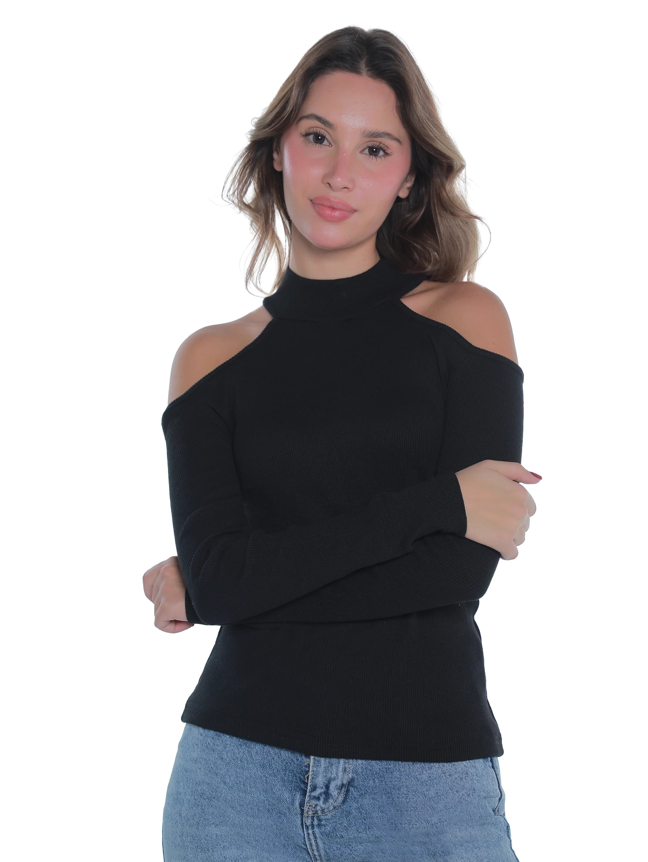 Black Ribbed Top With Open Shoulder