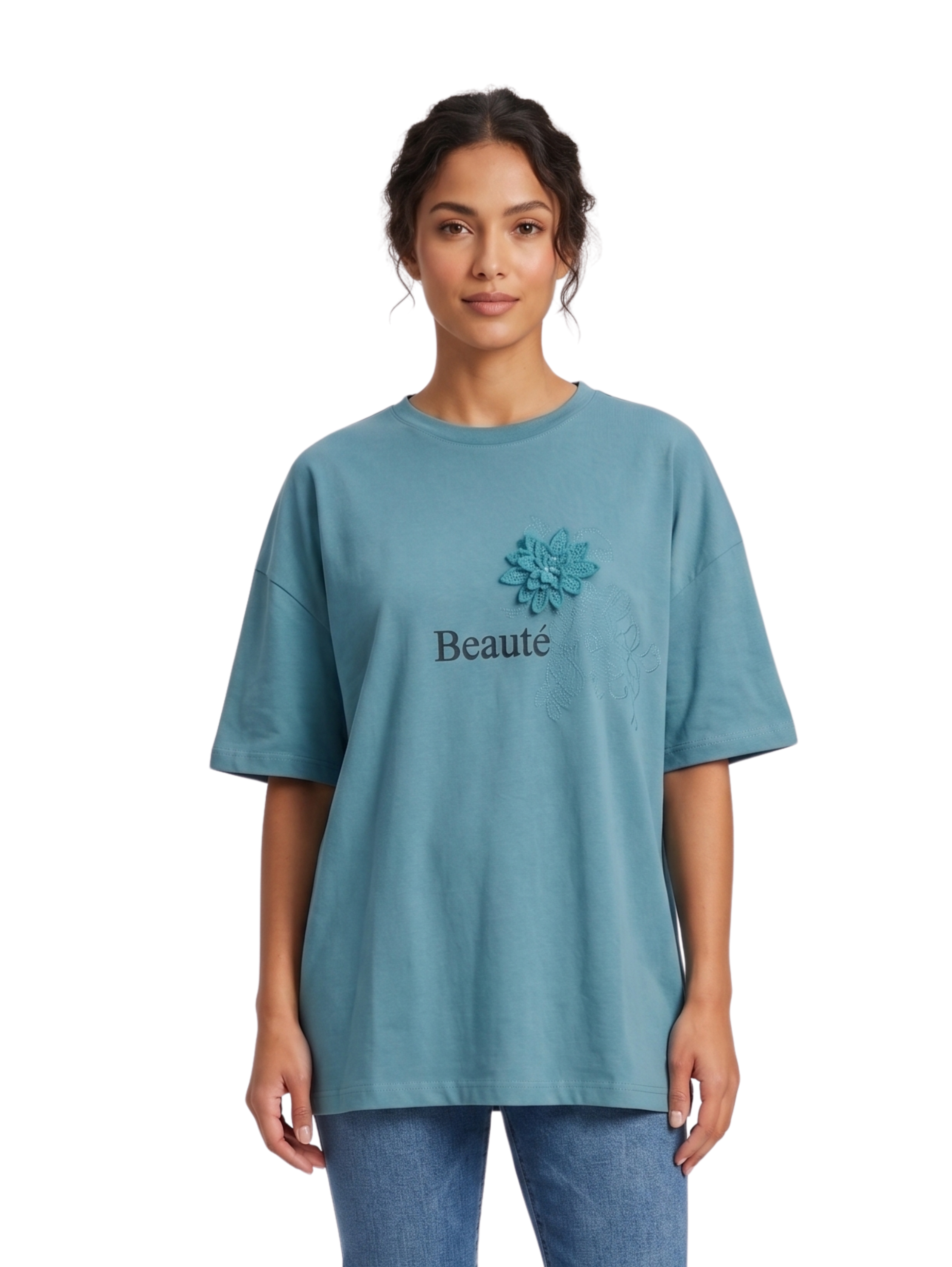 Petrol Short Sleeved Round Neck T-Shirt With Floral Design