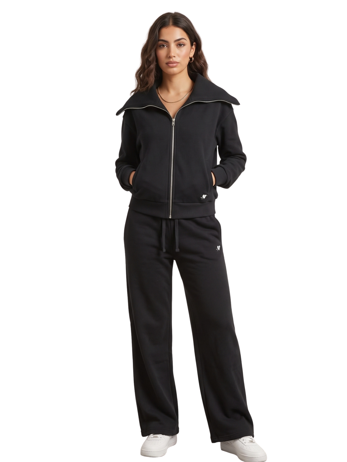 Black Zip-Up Jacket And Wide-Leg Pants Set