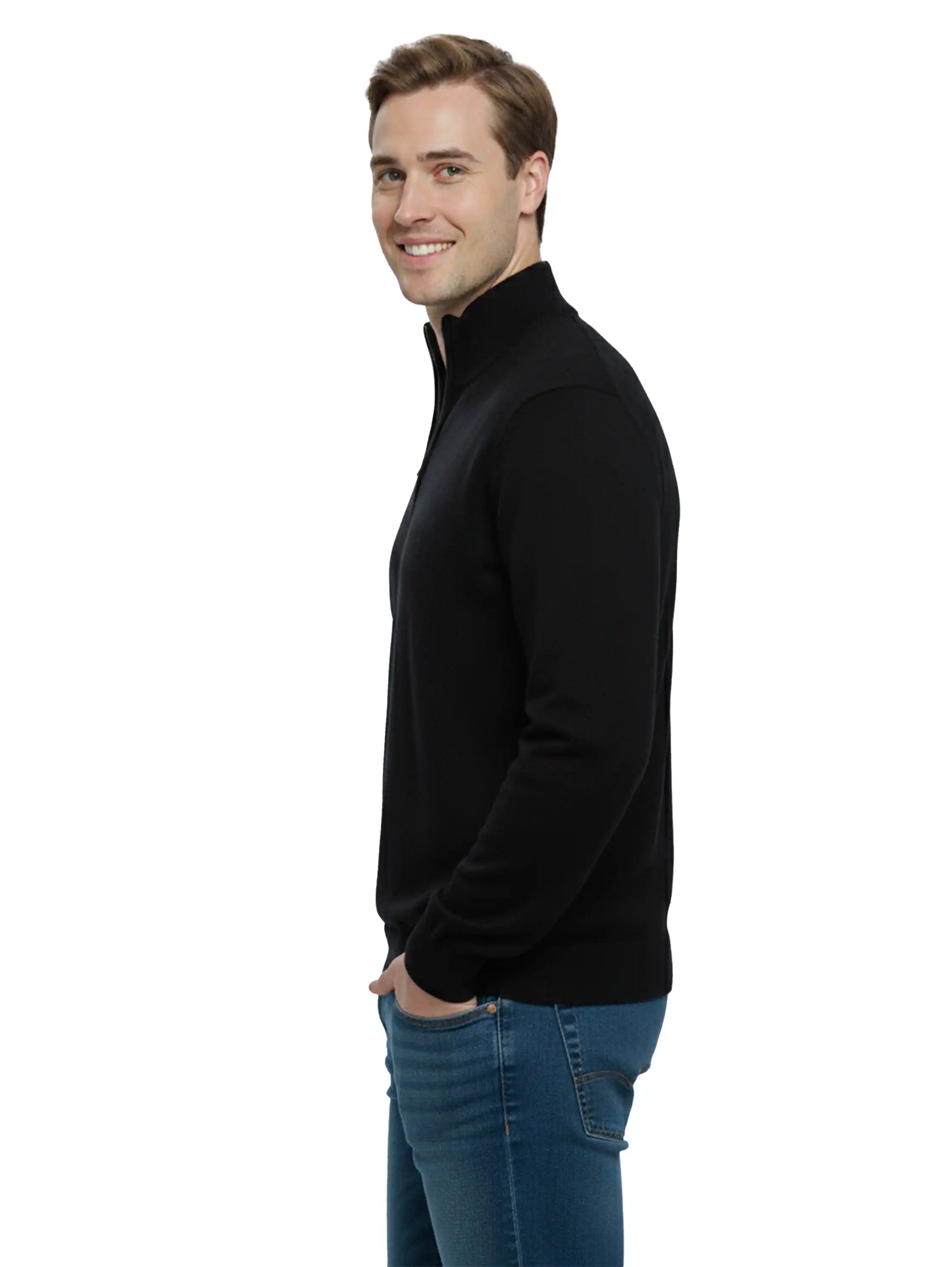 Stand Up Collar Black Pullover With Half Zipper To Close