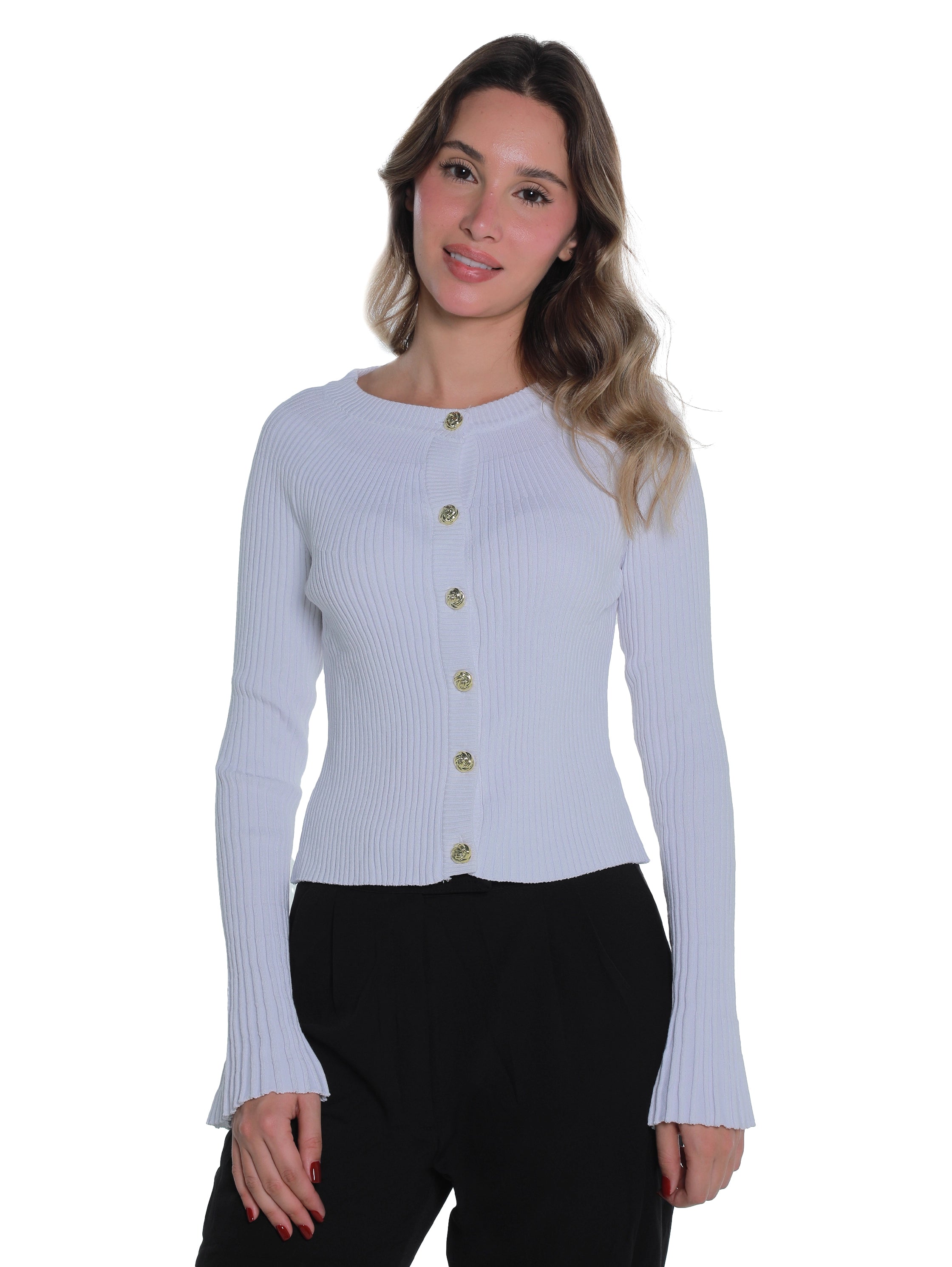 Ribbed White Pullover With Button To Close