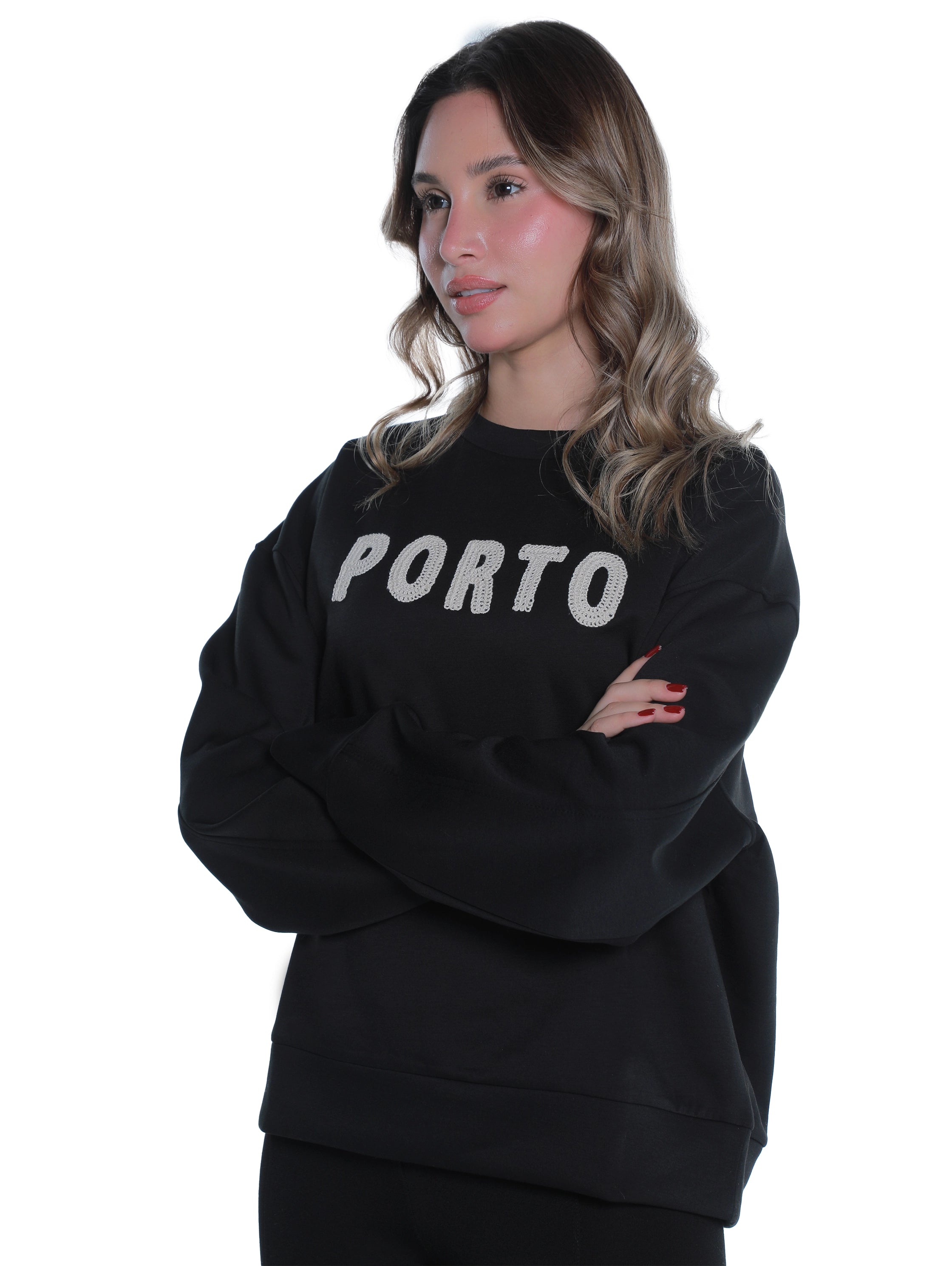 Round Neck Black Sweater With "Porto" Front Design