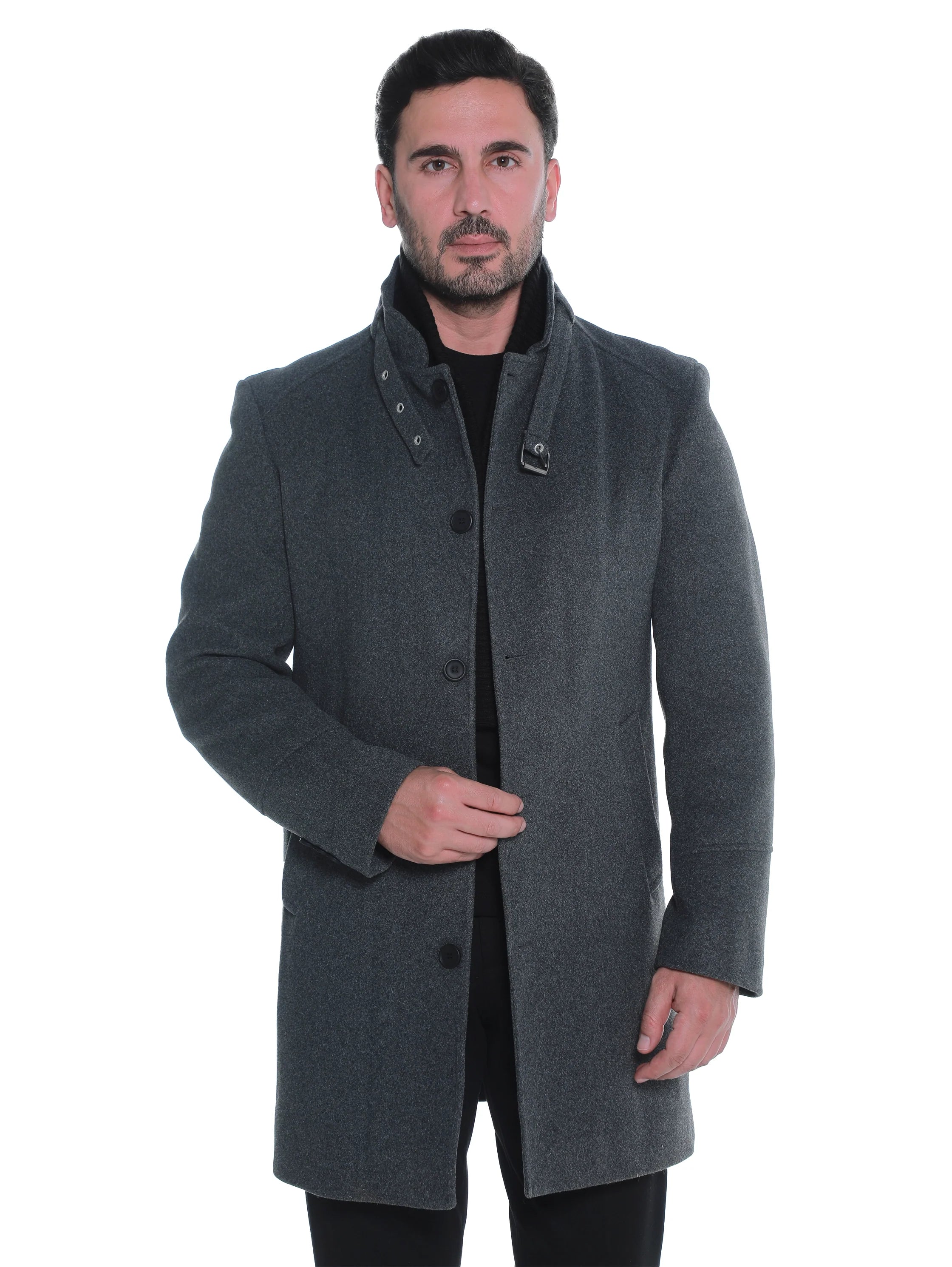 Dark Grey Buttoned Coat With Stand Up Collar