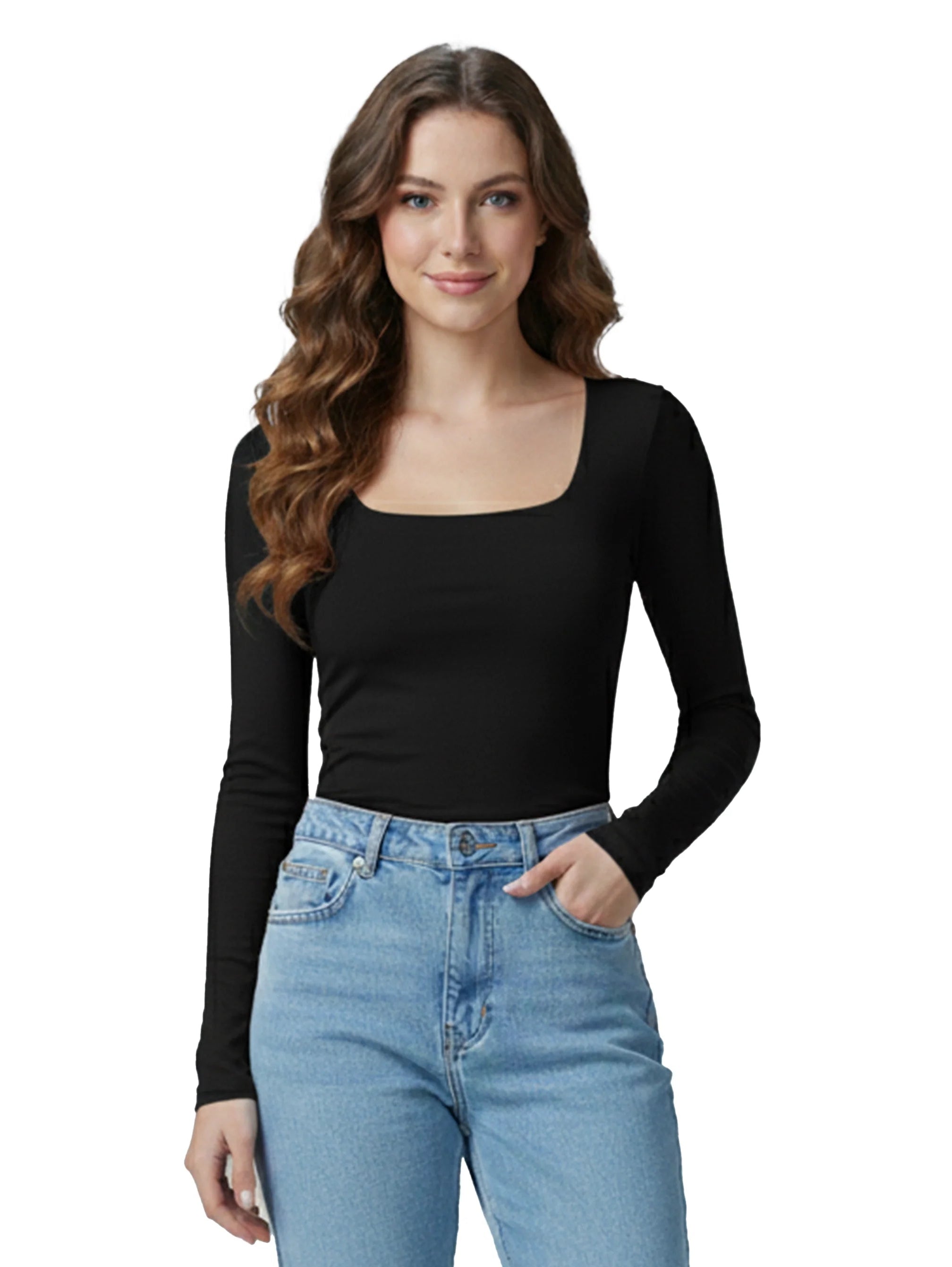 Long Sleeved Black Open Square Neck Basic Top