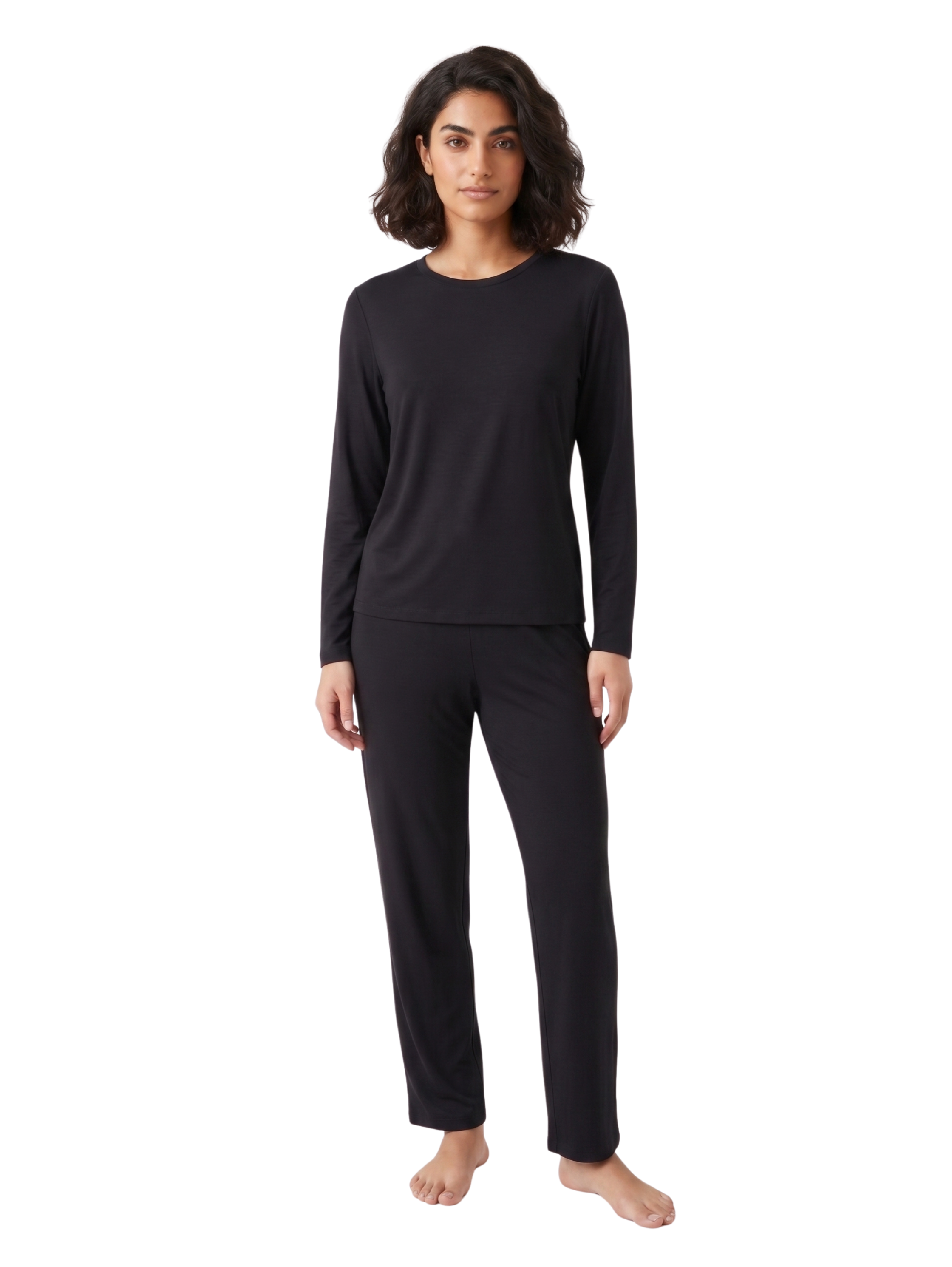 Long Sleeved Black Pyjama Set With Crew Neckline