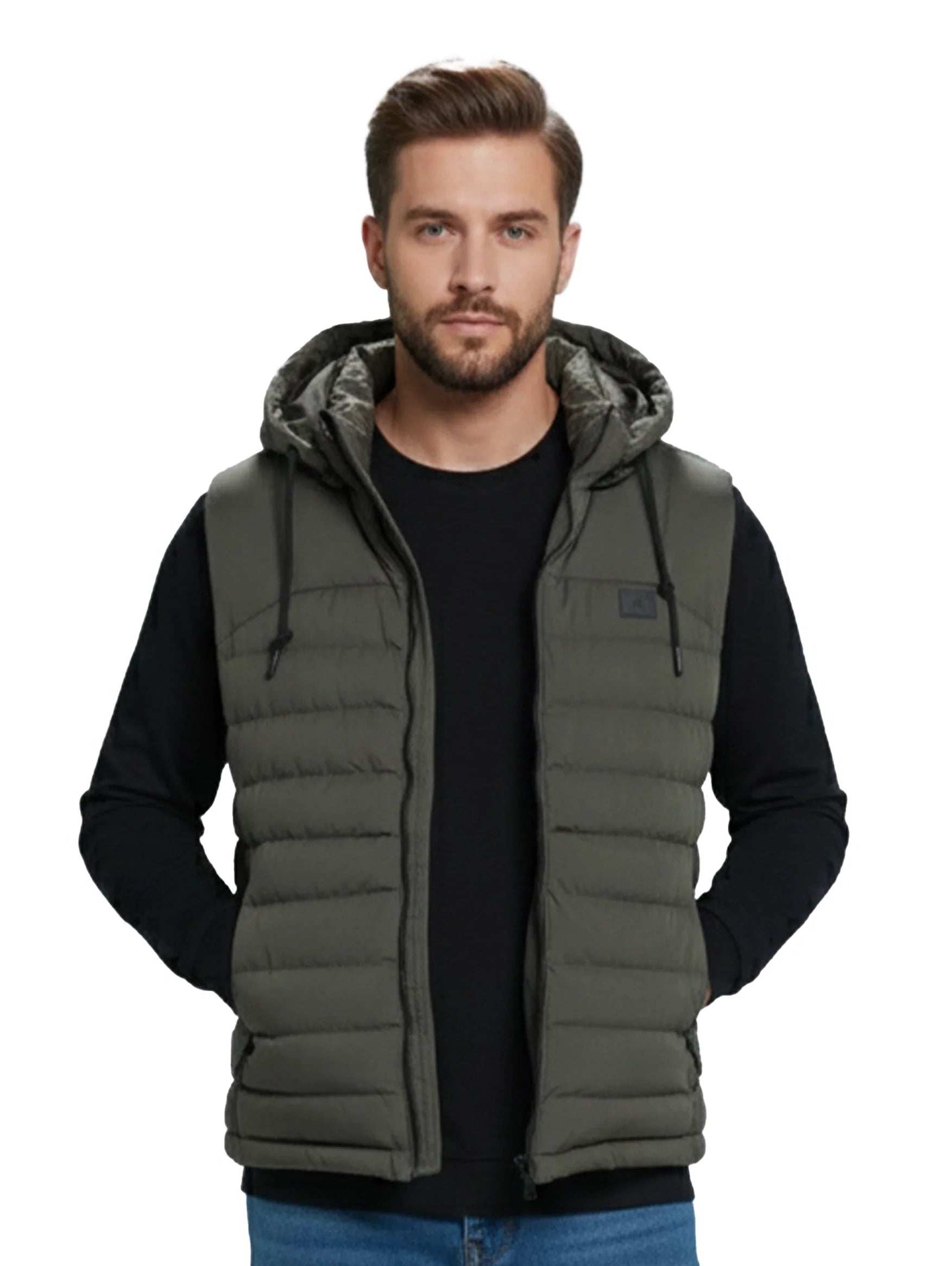 Olive Zippered Padded Vest With Hoodie