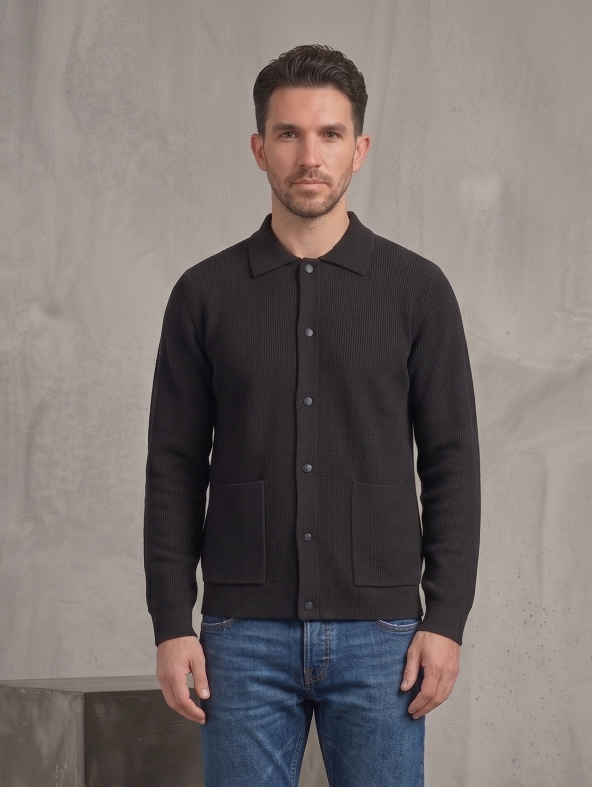 Black Polo Cardigan with Two Patch Pockets