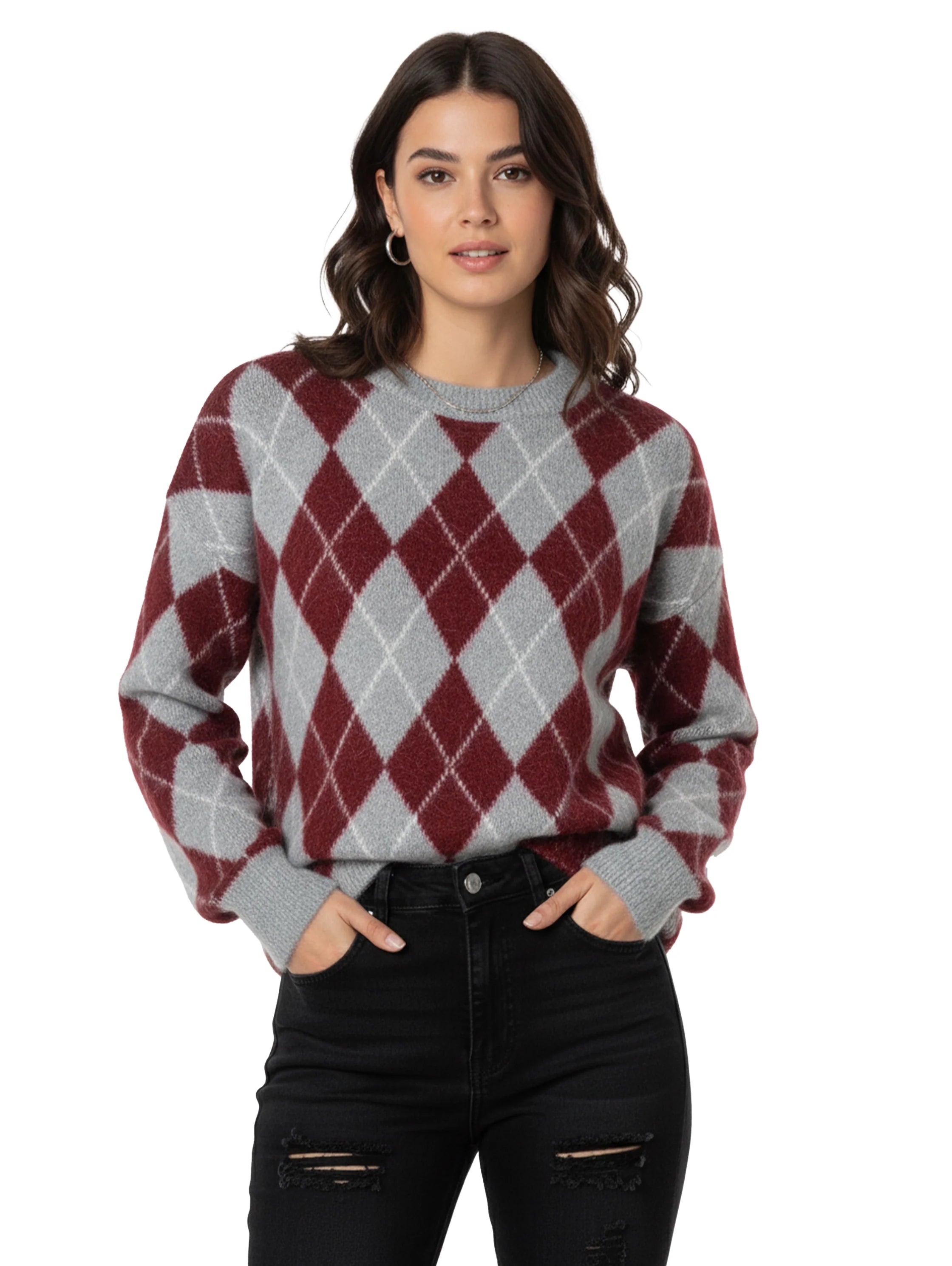 Argyle Pattern Bordo Pullover