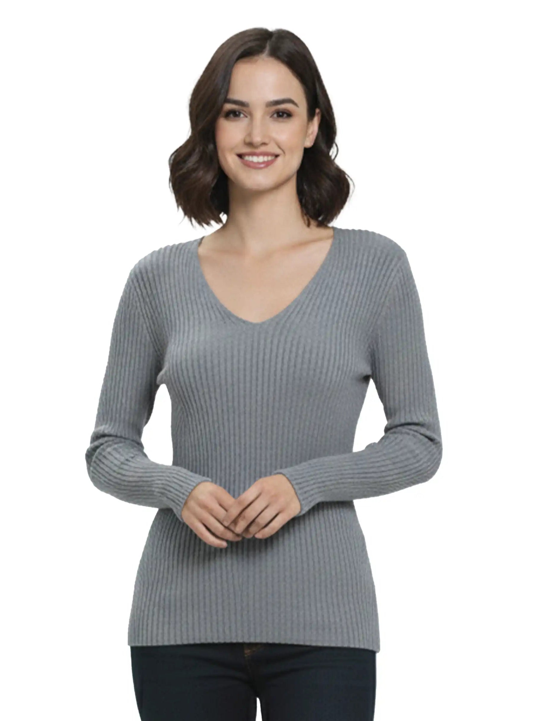 Grey V-Neck Knitwear Sweater